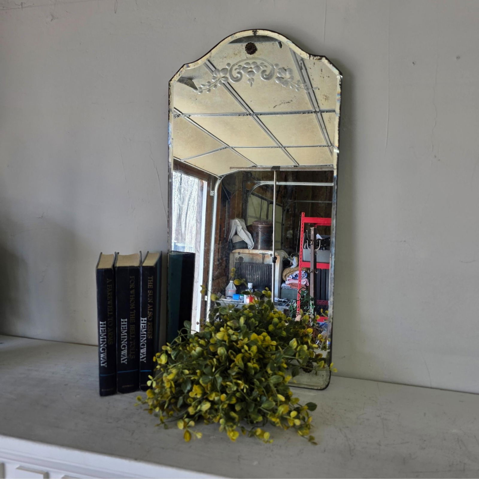 Vintage Etched Wall Mirror 24x12, Shaped Top Floral Scroll Engraved Glass, Rosette Button Frame, - 10