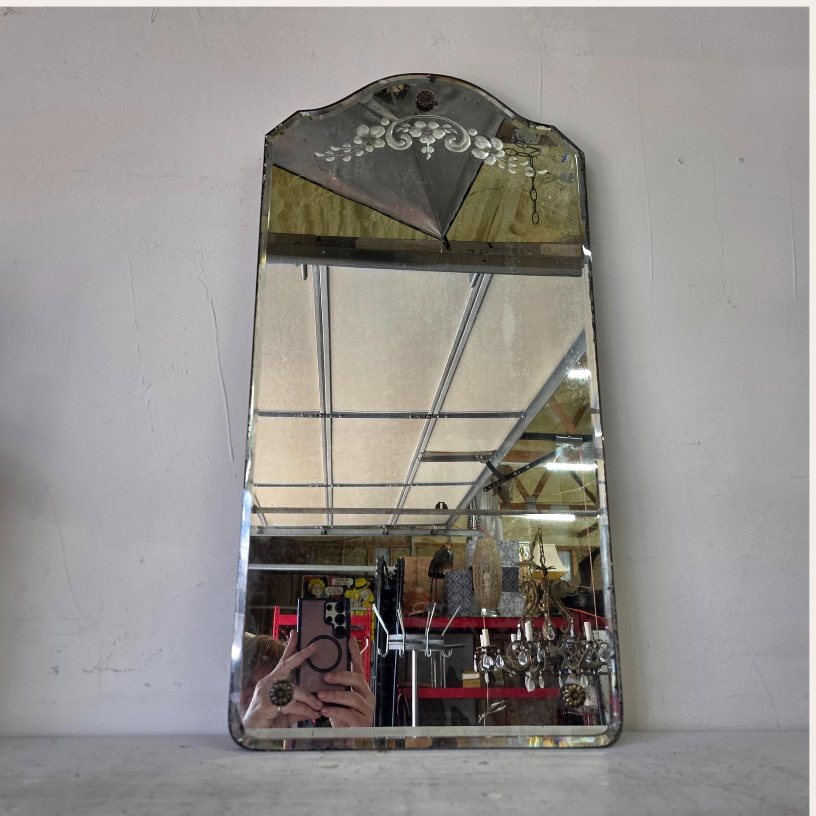 Vintage Etched Wall Mirror 24x12, Shaped Top Floral Scroll Engraved Glass, Rosette Button Frame,: Title: Vintage Etched Wall Mirror 24x12, Shaped Top Floral Scroll Engraved Glass, Rosette Button Frame, Aged Foxed Silvering, Petite Vanity Mirror Description: Vintage etched wall mirror with a shaped