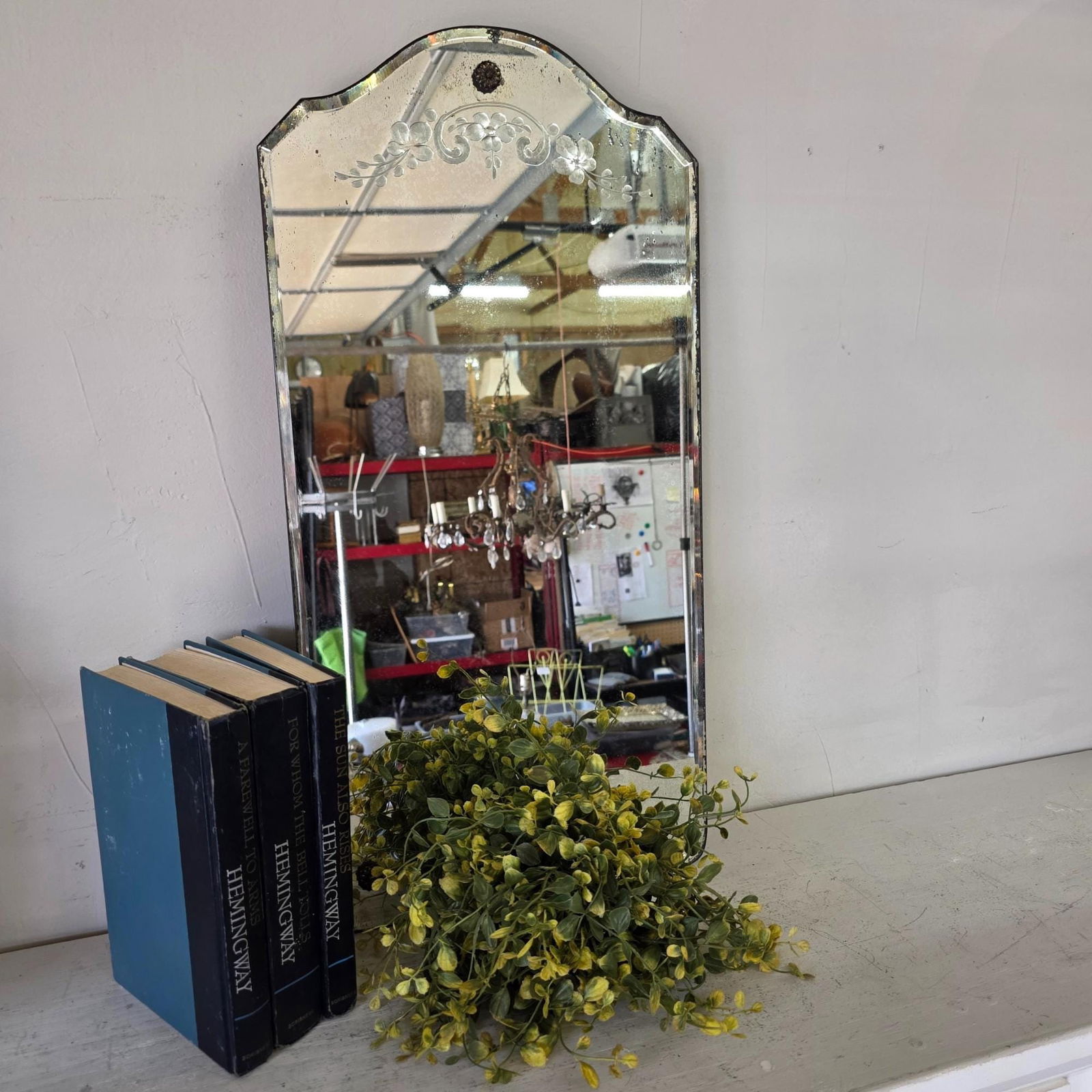 Vintage Etched Wall Mirror 24x12, Shaped Top Floral Scroll Engraved Glass, Rosette Button Frame, - 2