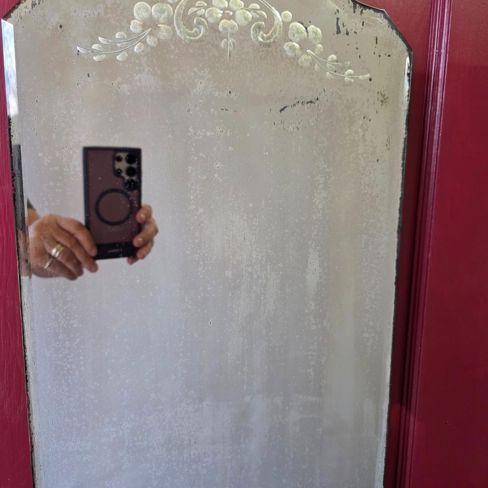 Vintage Etched Wall Mirror 24x12, Shaped Top Floral Scroll Engraved Glass, Rosette Button Frame, - 3