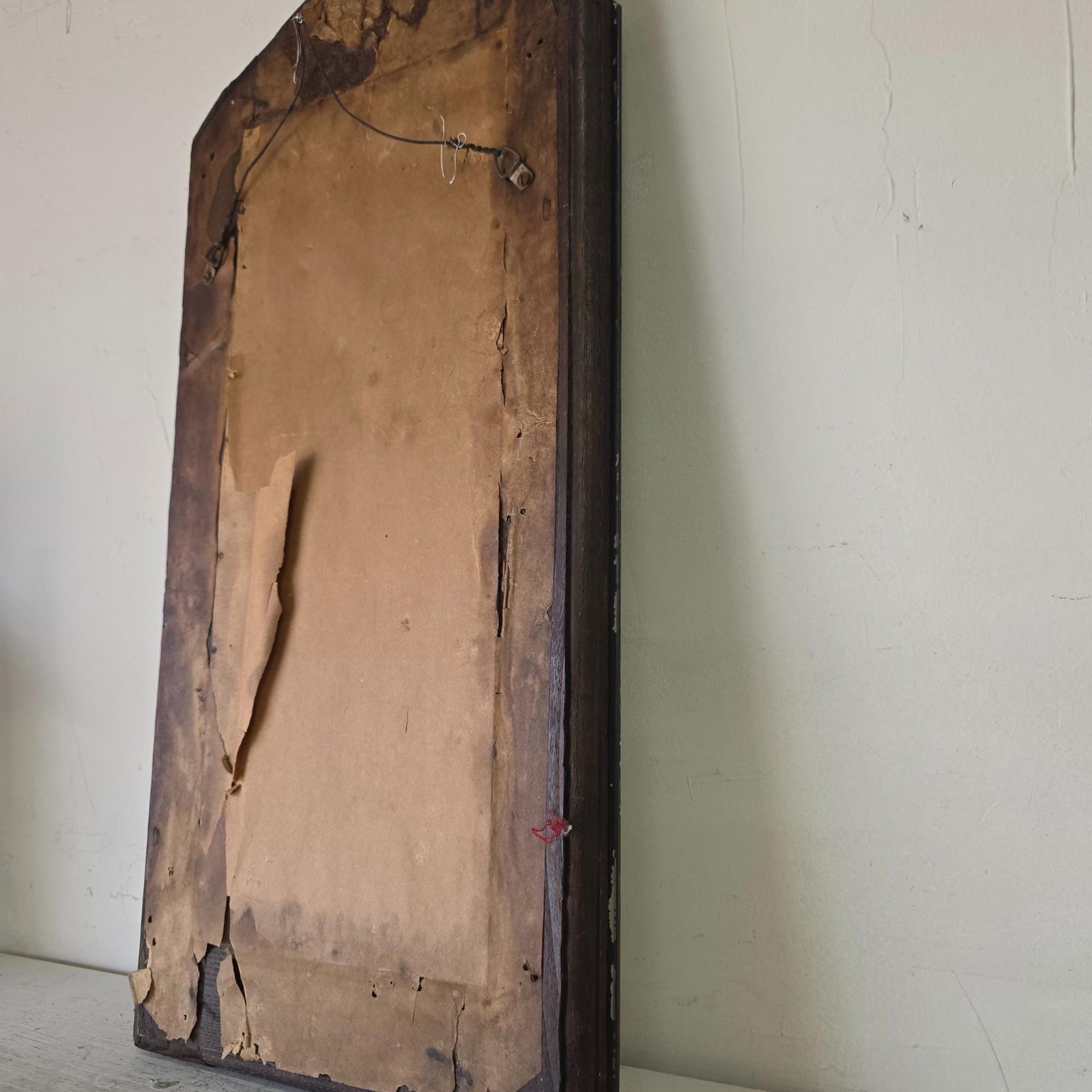 Vintage Etched Wall Mirror 24x12, Shaped Top Floral Scroll Engraved Glass, Rosette Button Frame, - 4