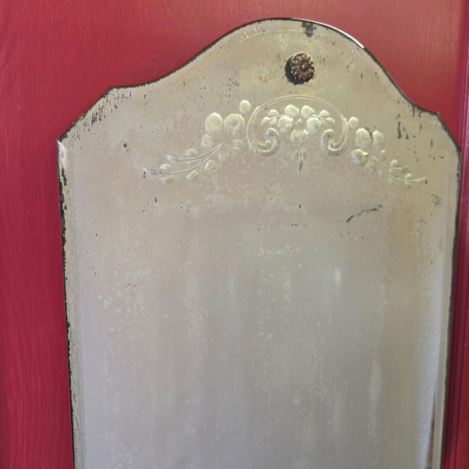 Vintage Etched Wall Mirror 24x12, Shaped Top Floral Scroll Engraved Glass, Rosette Button Frame, - 6