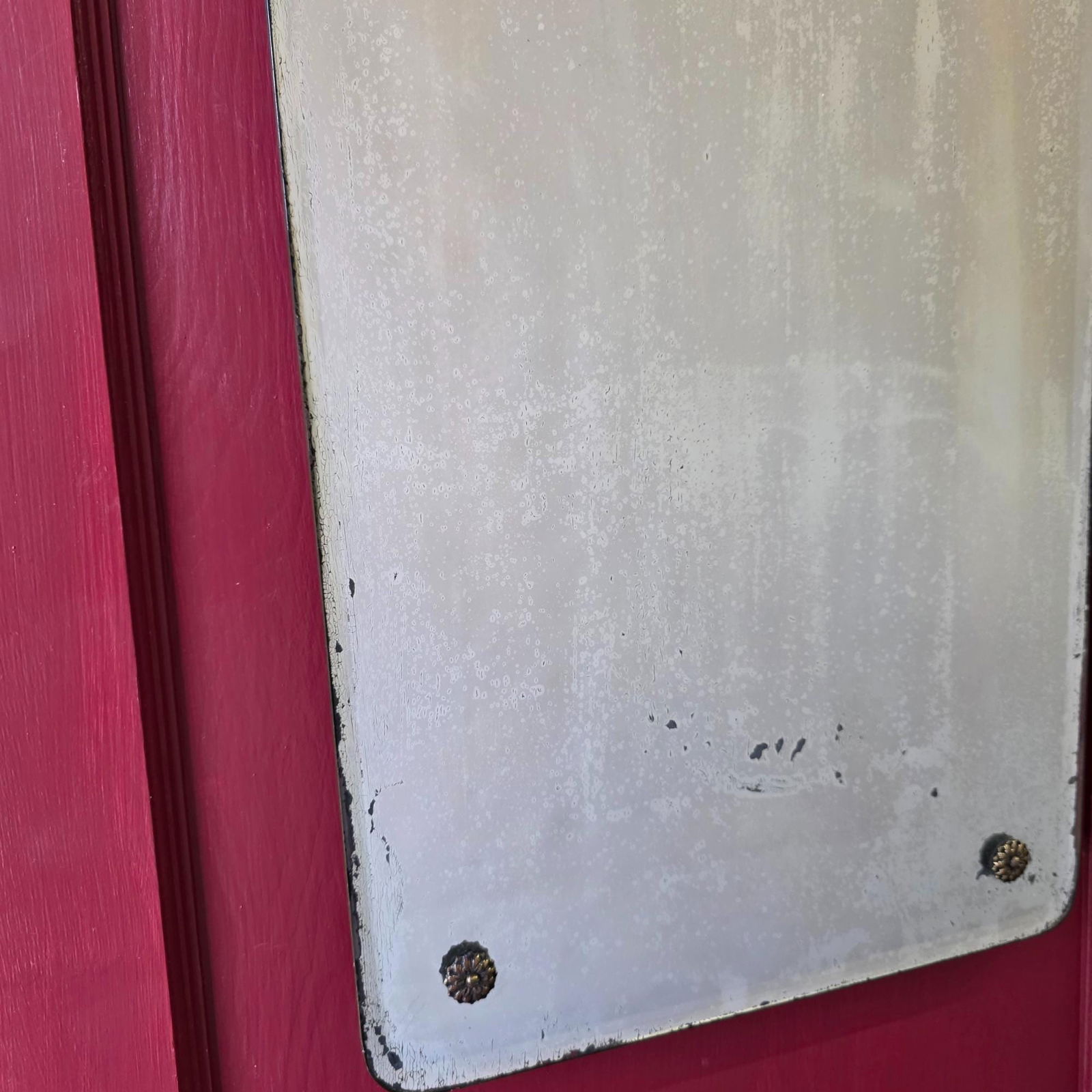 Vintage Etched Wall Mirror 24x12, Shaped Top Floral Scroll Engraved Glass, Rosette Button Frame, - 7