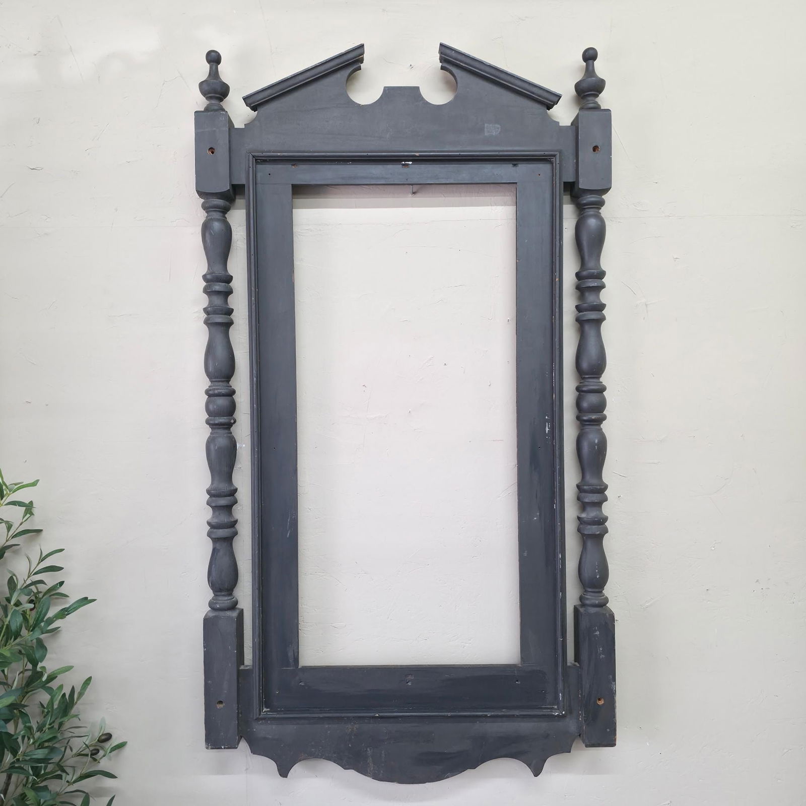 Victorian Eastlake Style Black Pier Mirror Frame, Large Architectural Vintage Wall Hanging Surround: Title: Victorian Eastlake Style Black Pier Mirror Frame, Large Architectural Vintage Wall Hanging Surround Gothic Turned Columns Finials Description: Oversize Gothic Architectural Wood frame. A Victor
