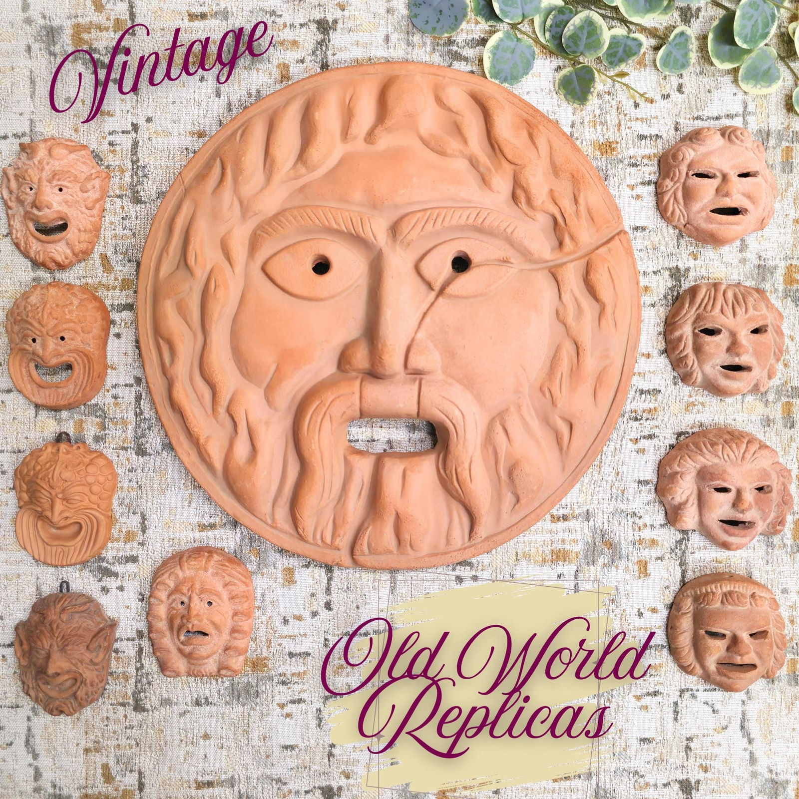 Vintage Terracotta Wall Art Set 10 Face Mask Old World Clay Sculptures Greek Bacchus Mouth of Truth: Title: Vintage Terracotta Wall Art Set 10 Face Mask Old World Clay Sculptures Greek Bacchus Mouth of Truth Gallery Maxminimalist Home Decor Description: Vintage Terracotta Wall Art Hanging Old World M