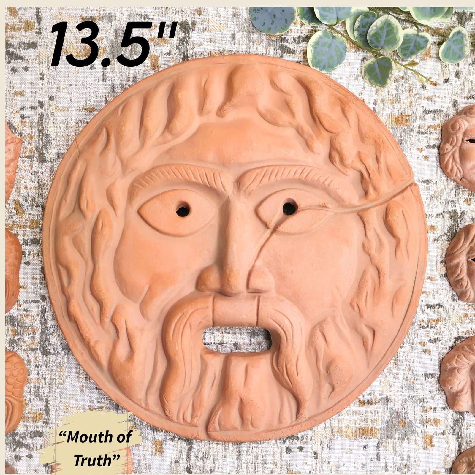 Vintage Terracotta Wall Art Set 10 Face Mask Old World Clay Sculptures Greek Bacchus Mouth of Truth - 2