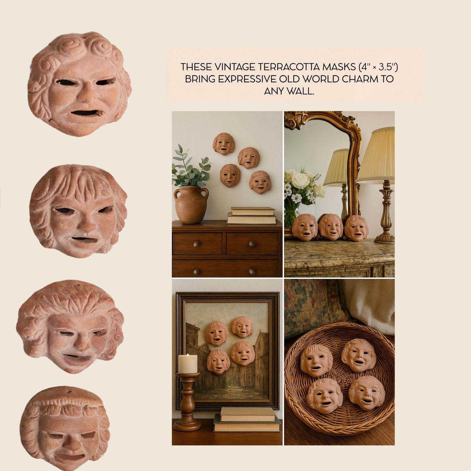 Vintage Terracotta Wall Art Set 10 Face Mask Old World Clay Sculptures Greek Bacchus Mouth of Truth - 3