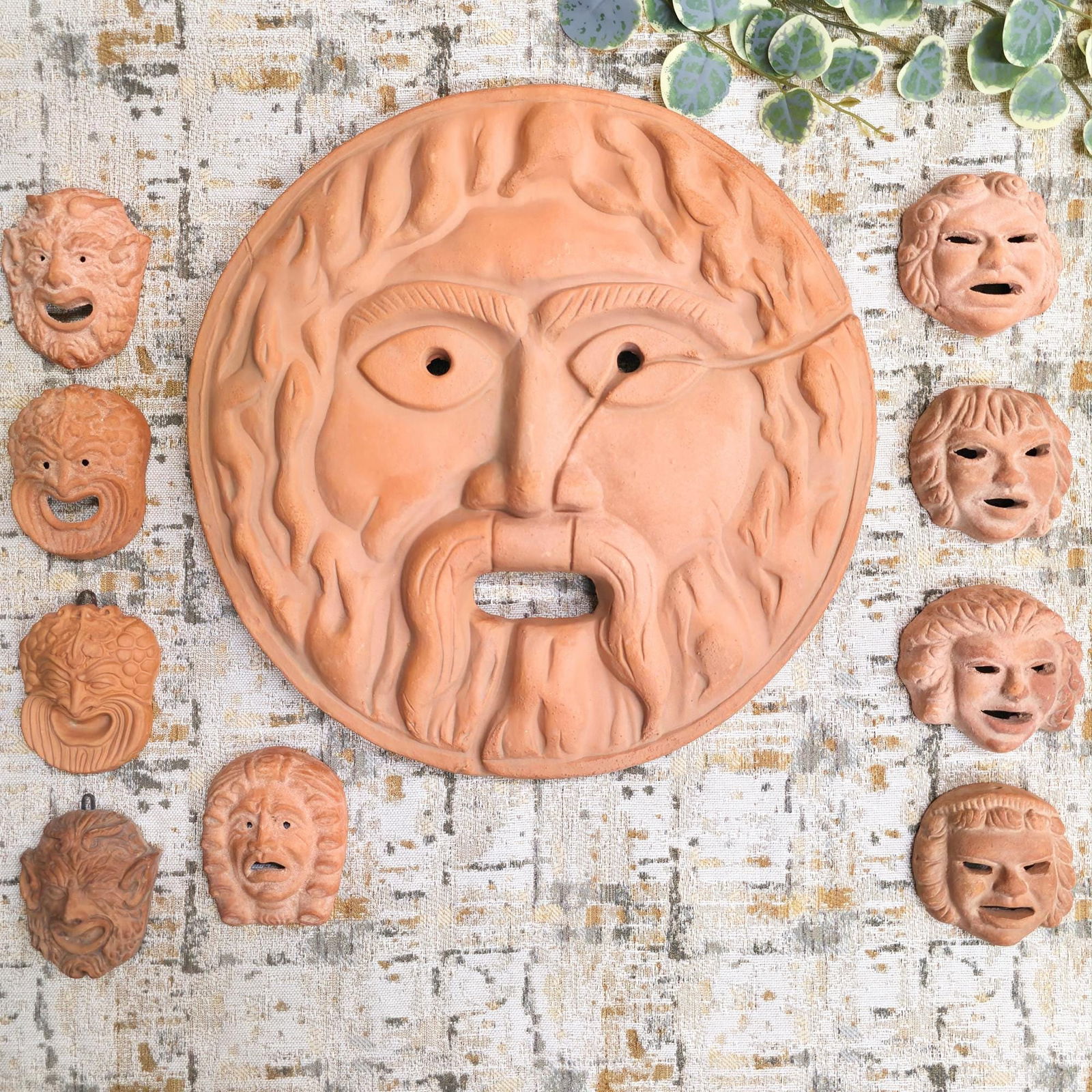 Vintage Terracotta Wall Art Set 10 Face Mask Old World Clay Sculptures Greek Bacchus Mouth of Truth - 4