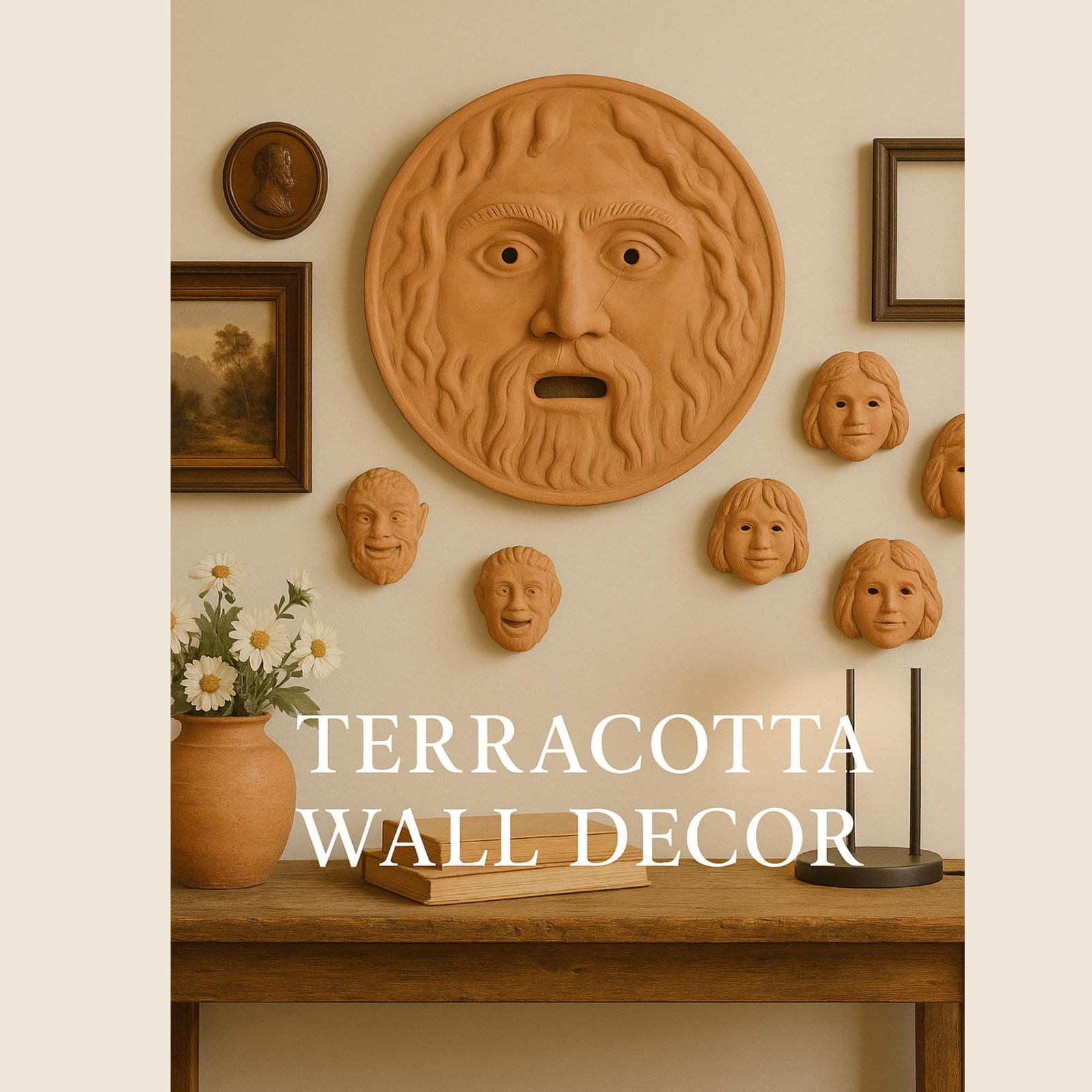 Vintage Terracotta Wall Art Set 10 Face Mask Old World Clay Sculptures Greek Bacchus Mouth of Truth - 5