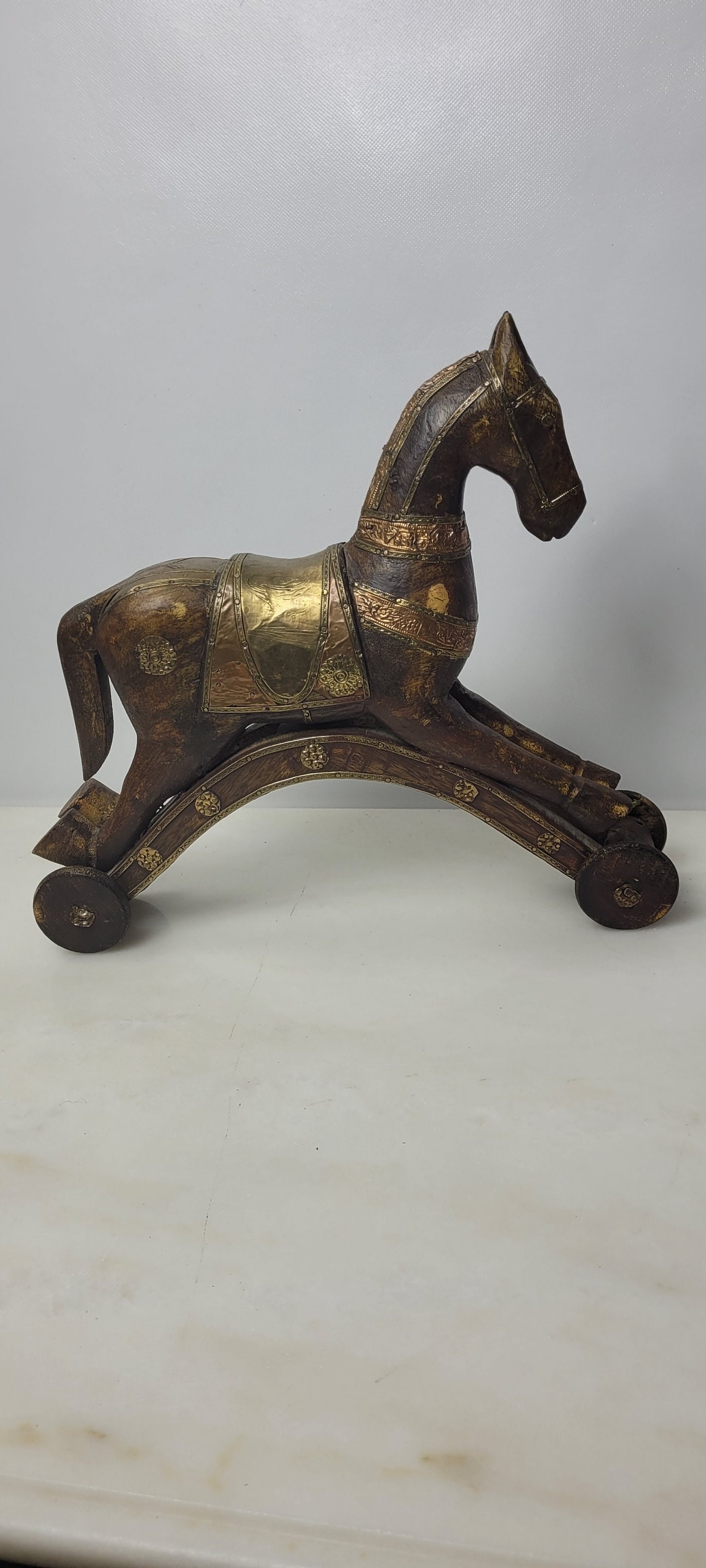 Antique Wooden Toy Horse on Wheels c1900 European Nursery Decor Brass Copper Inlay Folk Style Pull - 10