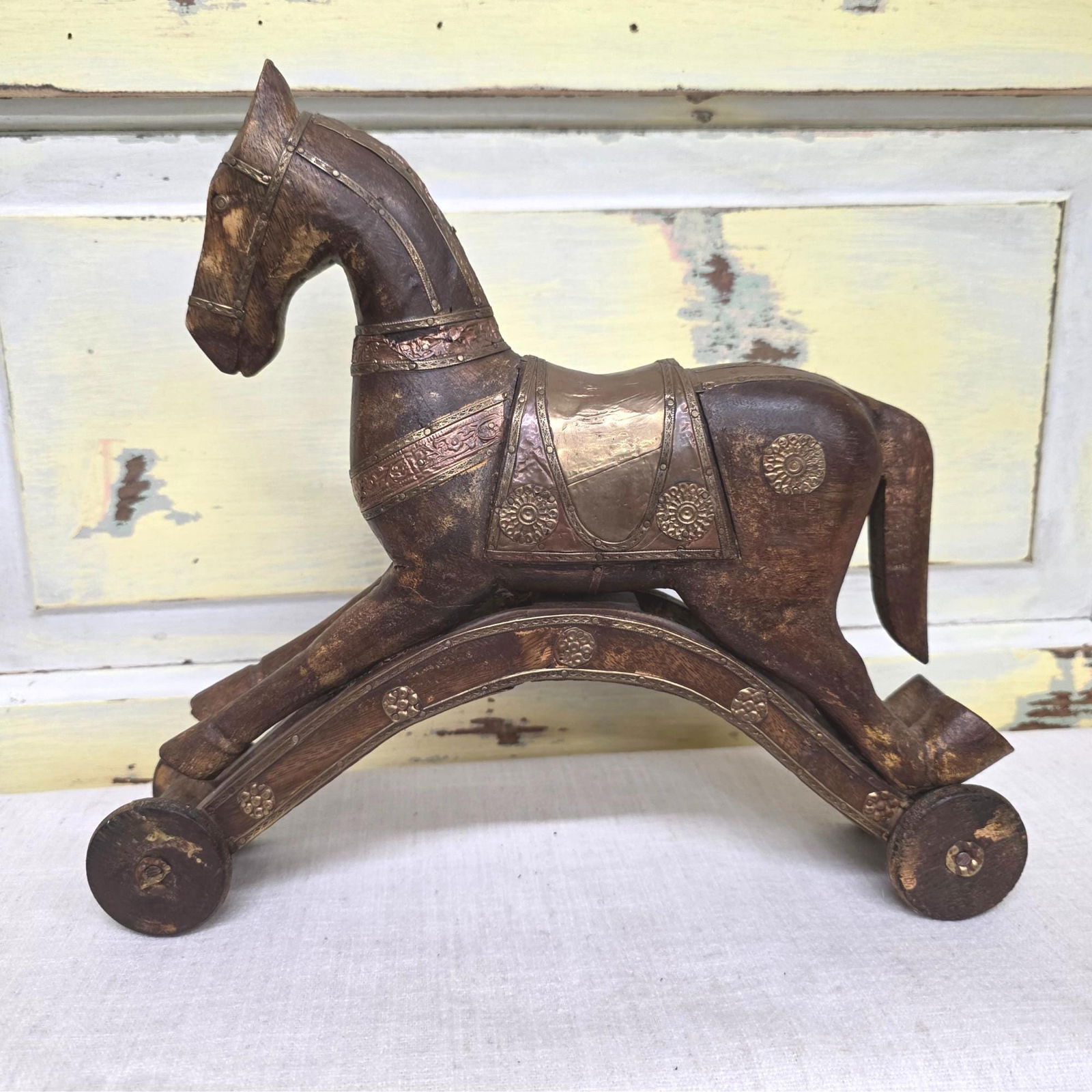 Antique Wooden Toy Horse on Wheels c1900 European Nursery Decor Brass Copper Inlay Folk Style Pull: Title: Antique Wooden Toy Horse on Wheels c1900 European Nursery Decor Brass Copper Inlay Folk Style Pull Toy 13â€ Description: Antique European wooden toy horse on wheels, circa 1880