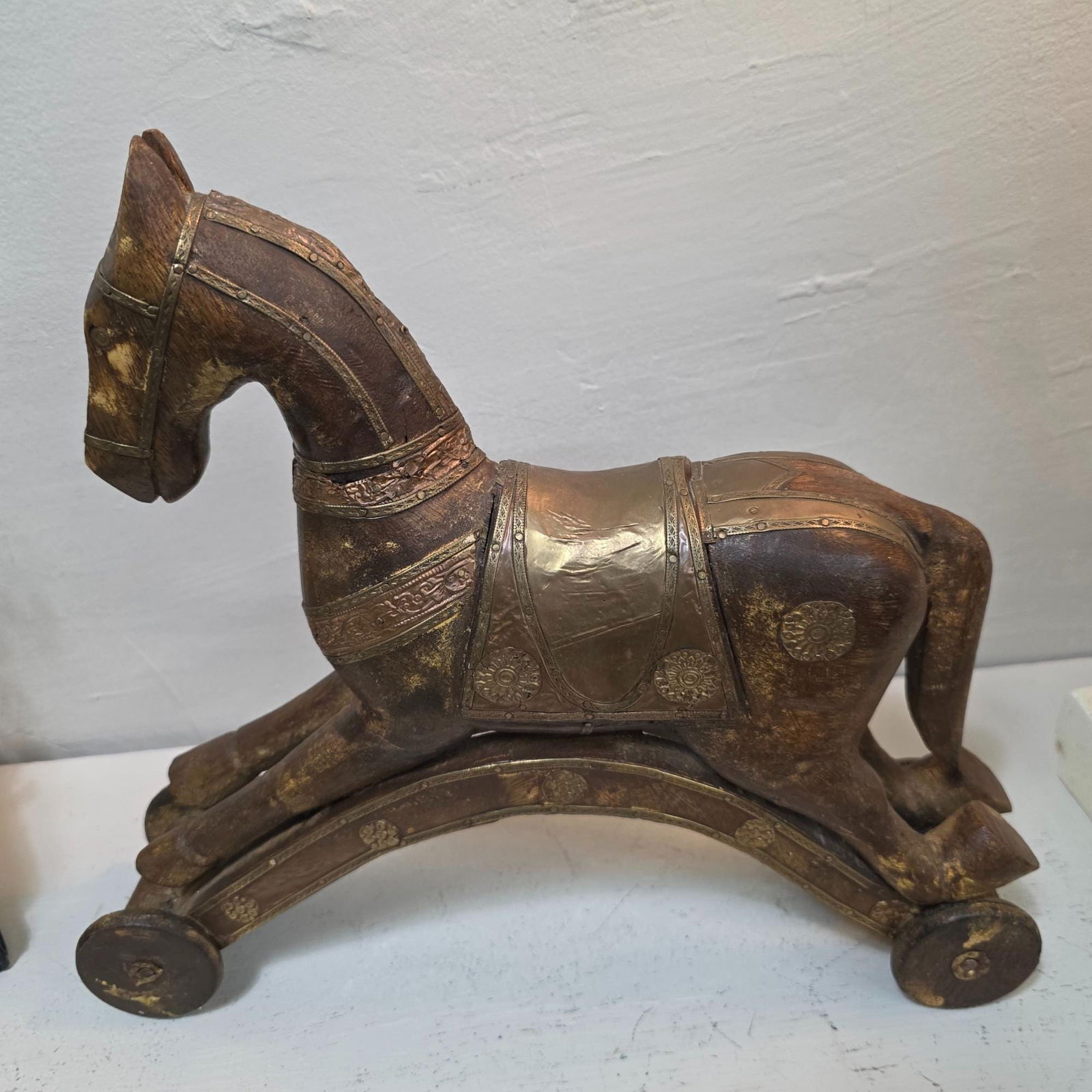 Antique Wooden Toy Horse on Wheels c1900 European Nursery Decor Brass Copper Inlay Folk Style Pull - 3