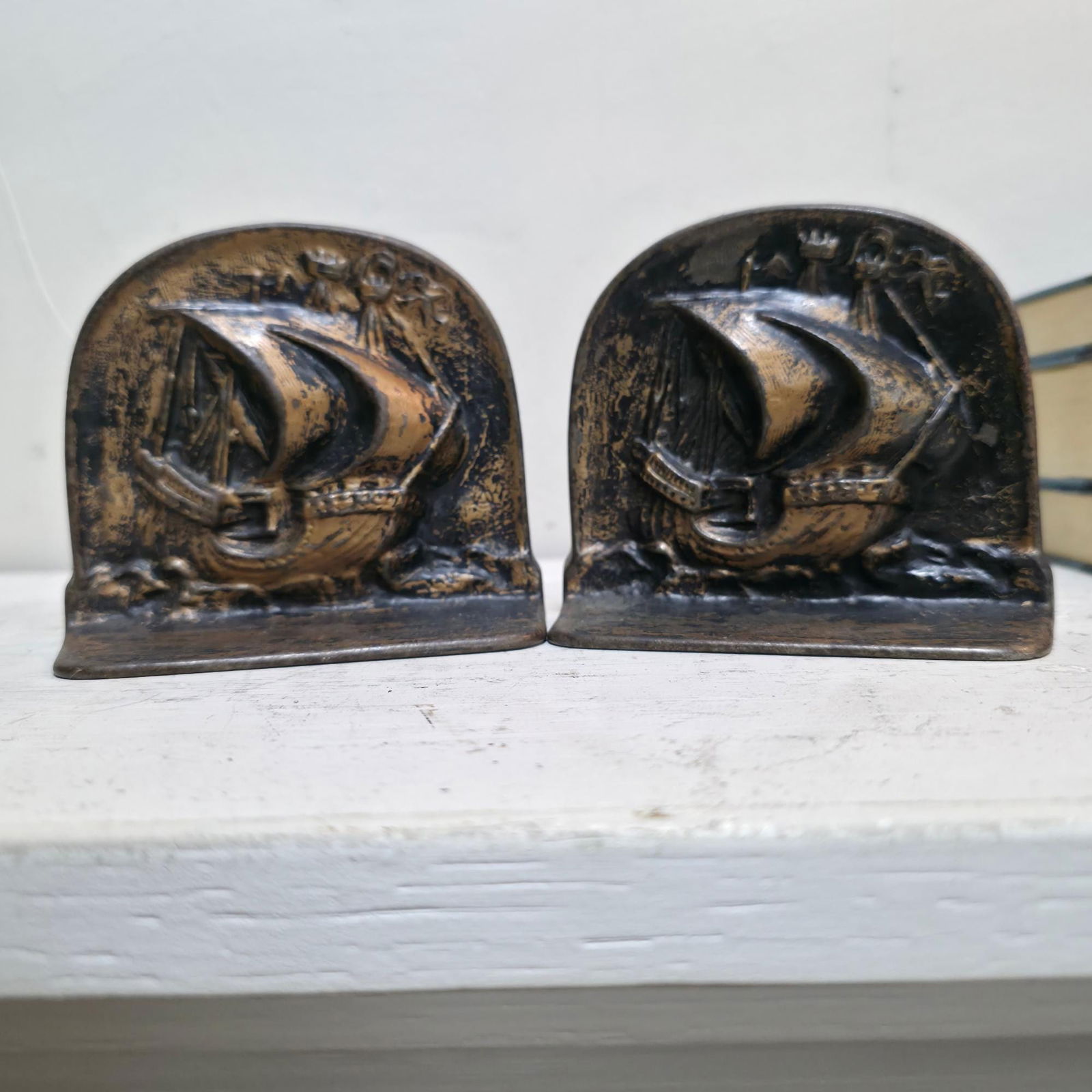 Vintage Cast Iron Viking Ship Bookends 1920s Nautical Decor Antique Style Maritime Library Bookends - 6