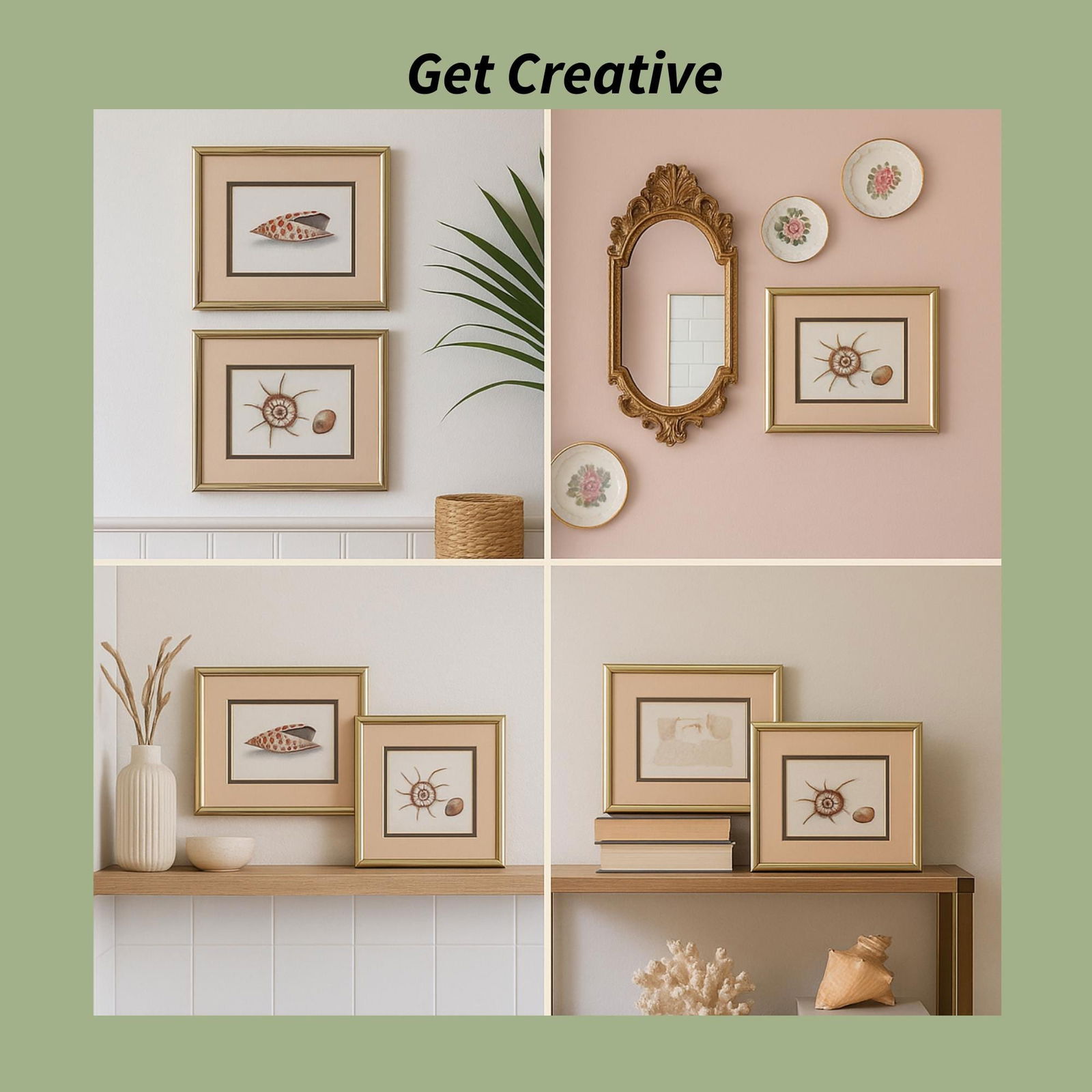 Vintage BOHO Home Decor Wall Picture Framed Set of 2 Coastal Grandmacore Shells Signed Art - 3