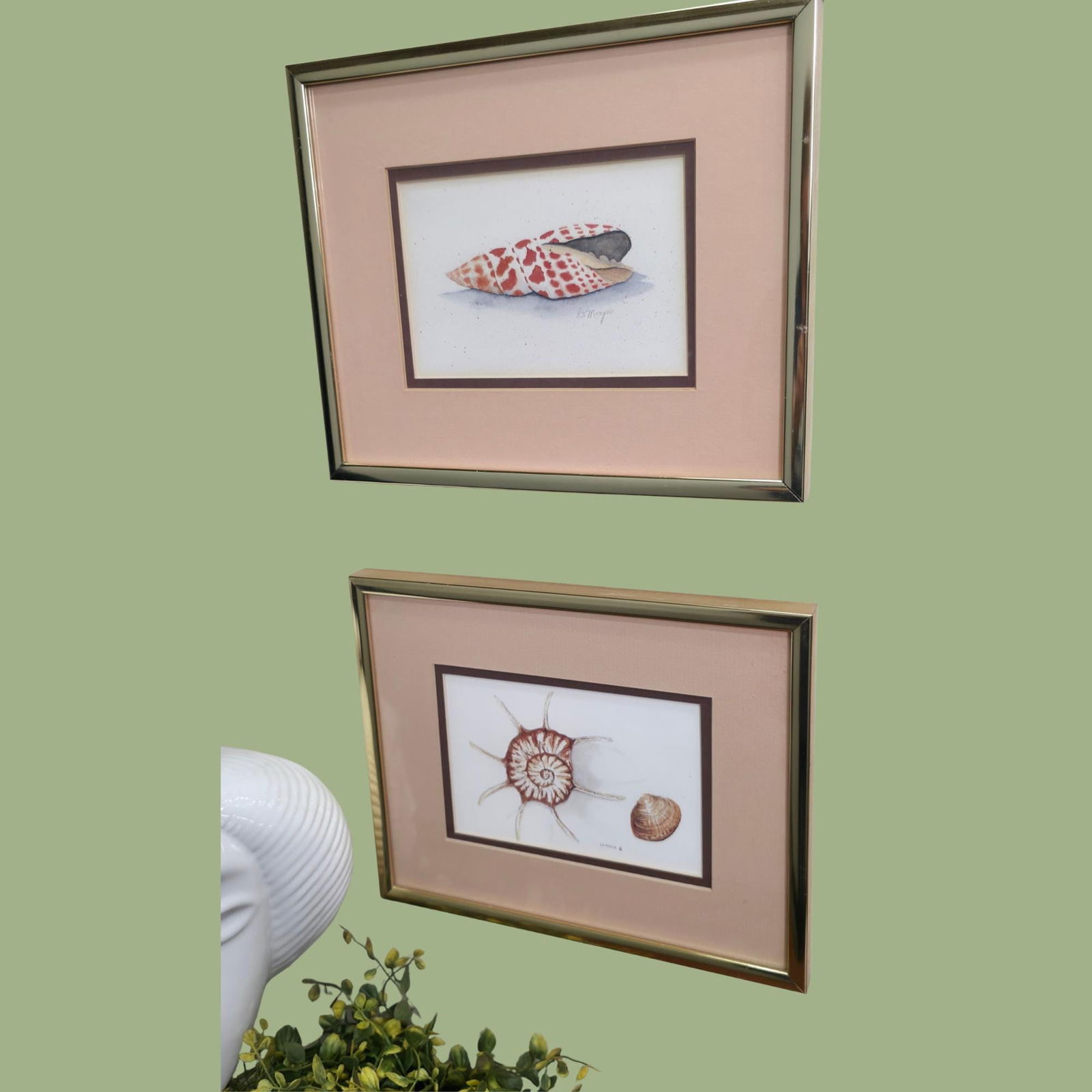 Vintage BOHO Home Decor Wall Picture Framed Set of 2 Coastal Grandmacore Shells Signed Art - 4