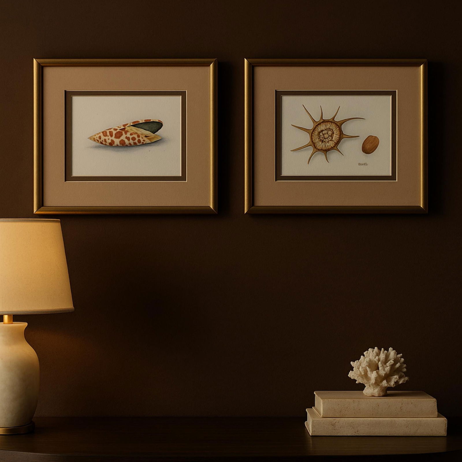 Vintage BOHO Home Decor Wall Picture Framed Set of 2 Coastal Grandmacore Shells Signed Art - 6