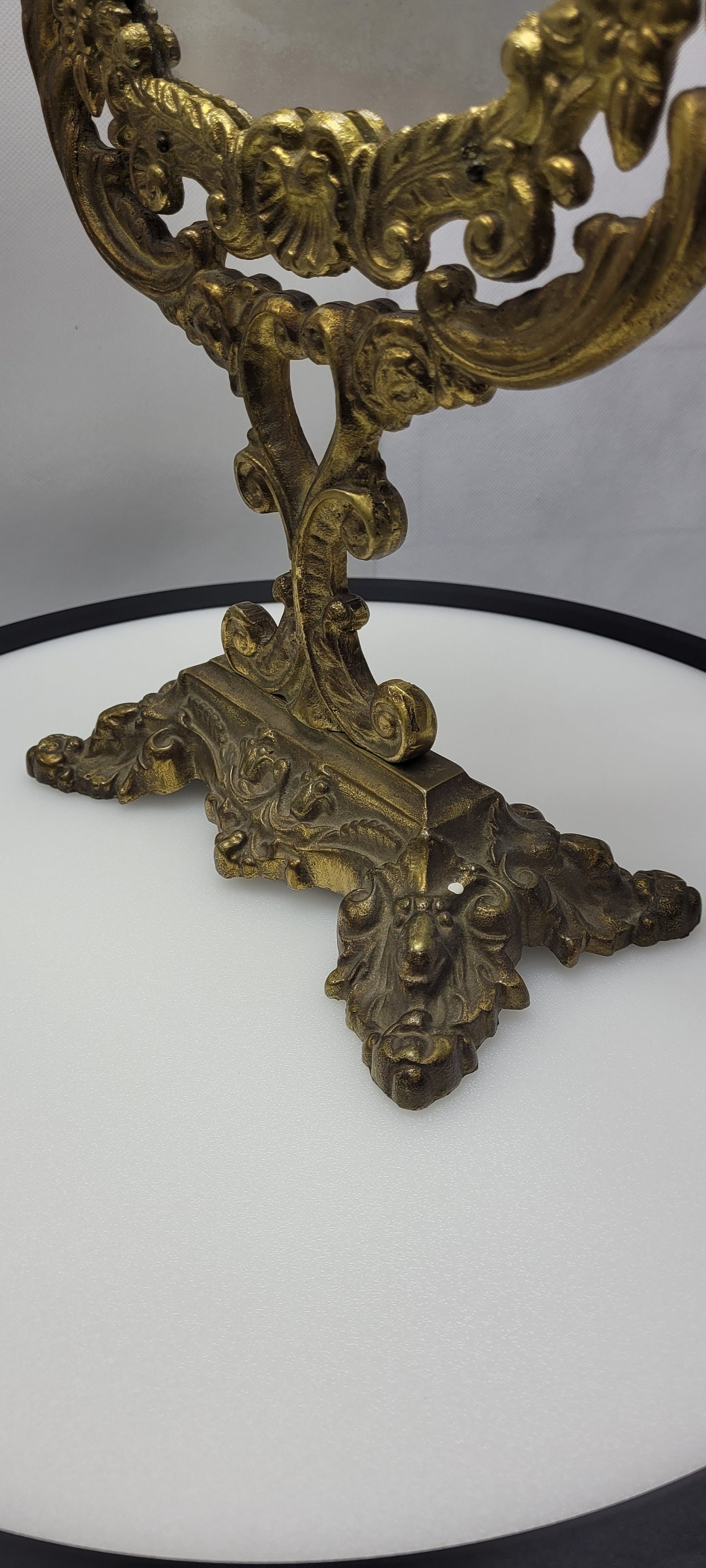 Vintage Brass Mirror Vanity Make Up Flip Antique Cast Metal Ornate Design Neoclassical Gold - 4