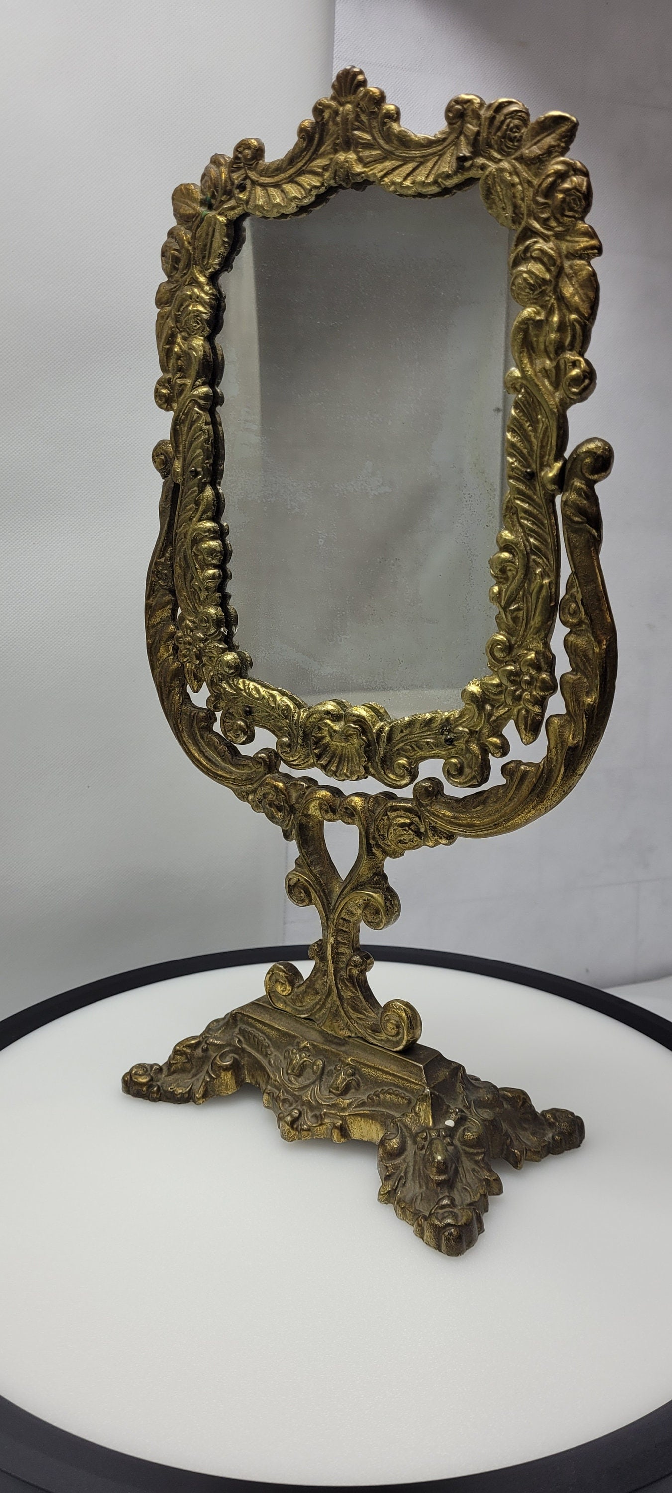 Vintage Brass Mirror Vanity Make Up Flip Antique Cast Metal Ornate Design Neoclassical Gold - 5