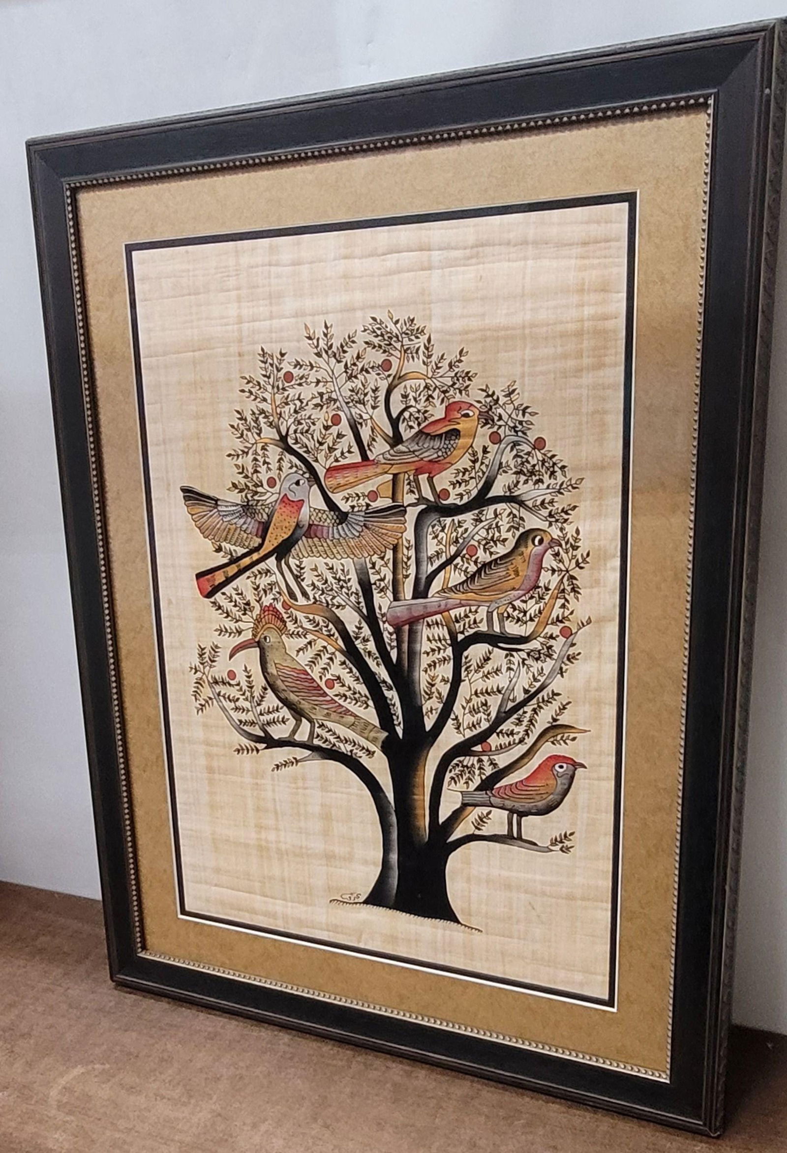 Vintage Egyptian Papyrus Painting Framed Tree of Life with Birds Signed Hand Painted Ancient Art - 3