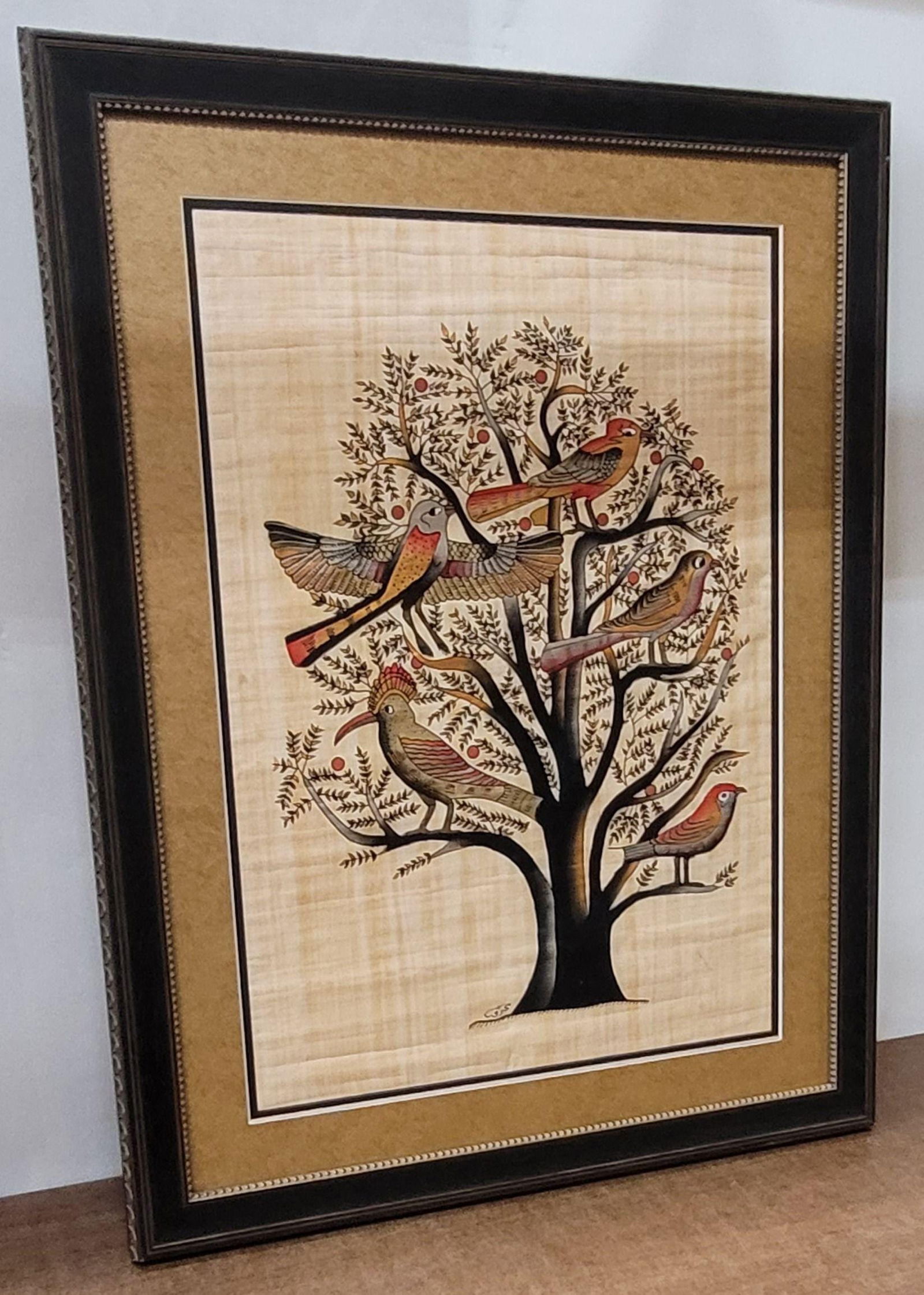 Vintage Egyptian Papyrus Painting Framed Tree of Life with Birds Signed Hand Painted Ancient Art - 4