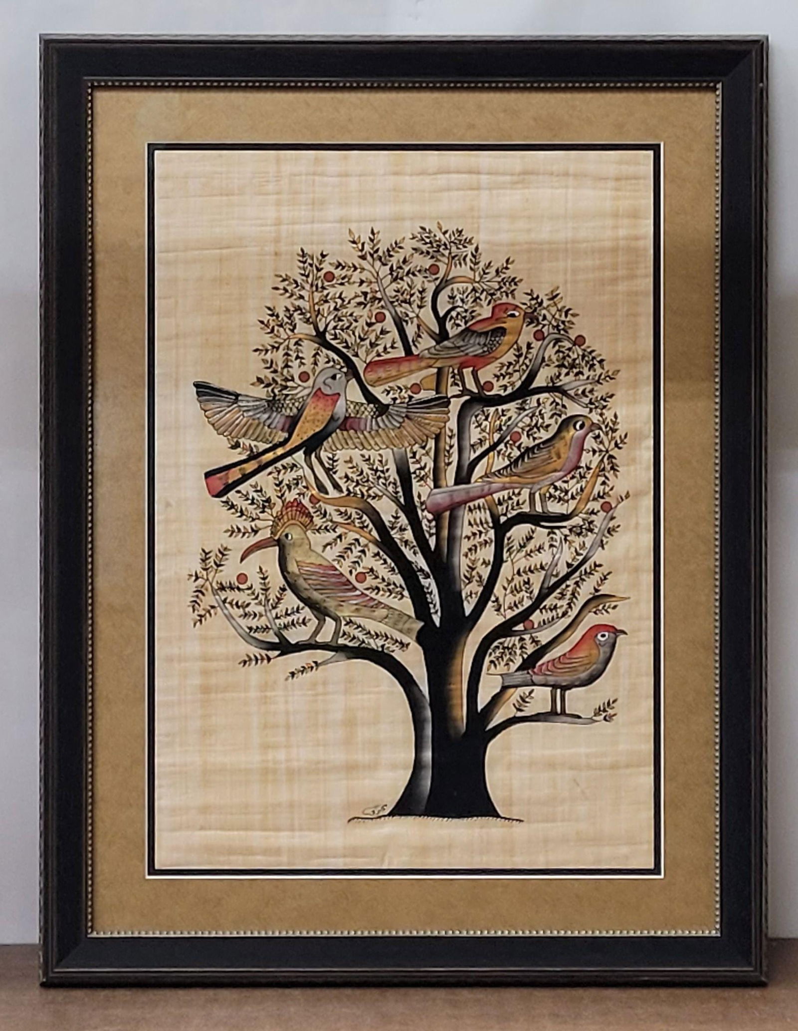 Vintage Egyptian Papyrus Painting Framed Tree of Life with Birds Signed Hand Painted Ancient Art - 7
