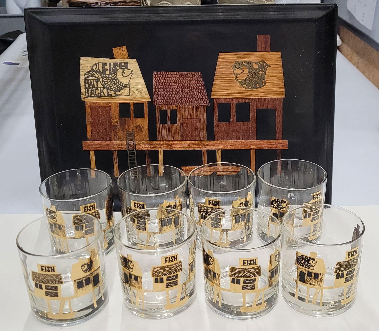 Couroc of Monterey Fish Serving Tray + 8 Rocks Glasses Mid Century Barware Set Nautical Coastal Tiki: Title: Couroc of Monterey Fish Serving Tray + 8 Rocks Glasses Mid Century Barware Set Nautical Coastal Tiki Bar Cart Decor Description: Authentic Couroc of Monterey mid-century barware set featuring
