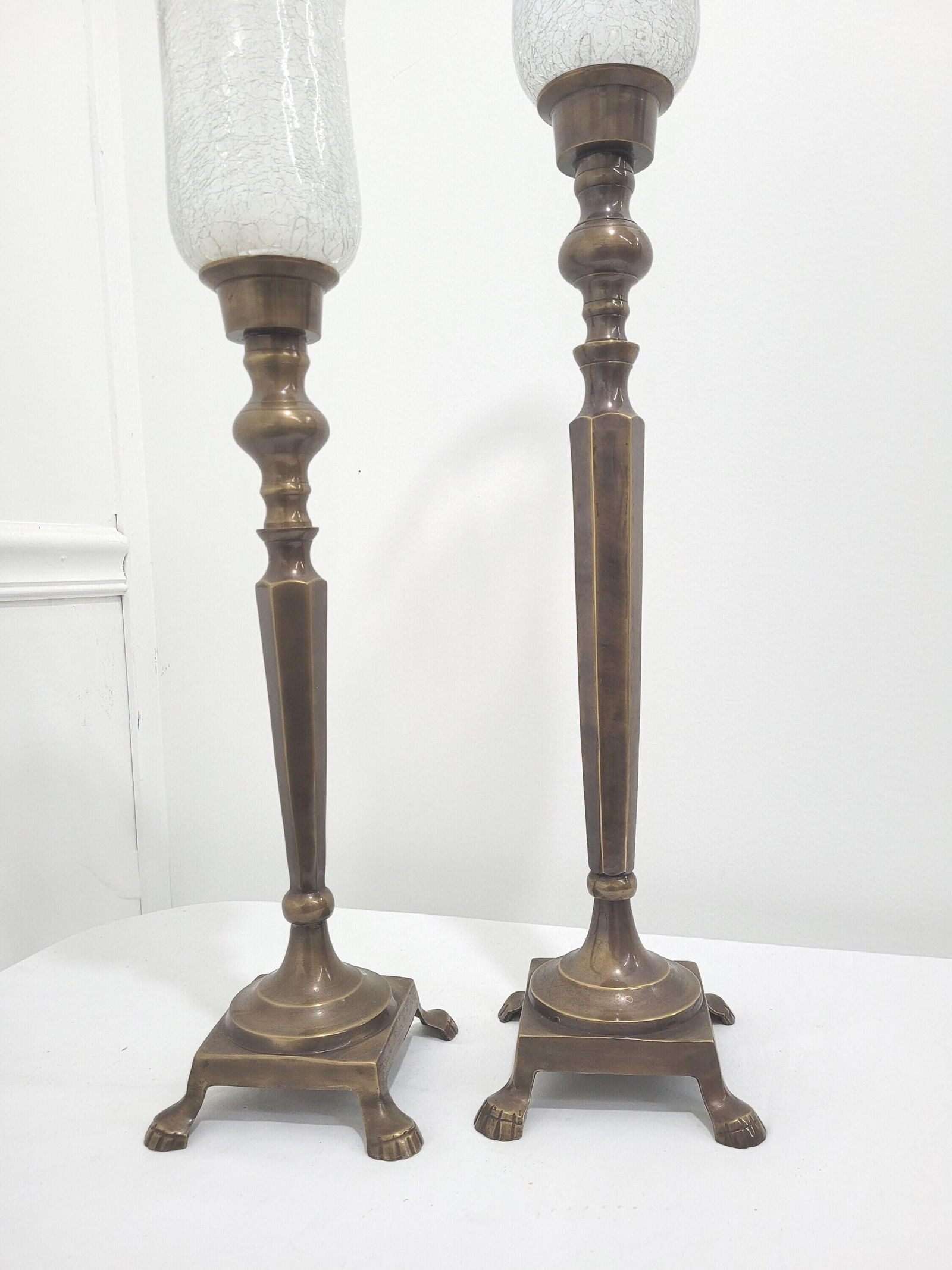 Vintage Tall Candle Holder Pair Glass Crackle Globes Lion Foot Base Neoclassical Bronze Finish: Title: Vintage Tall Candle Holder Pair Glass Crackle Globes Lion Foot Base Neoclassical Bronze Finish Description: Vintage Bronze Pair Candlestick Crackle Glass Globes lion footed base Table Top