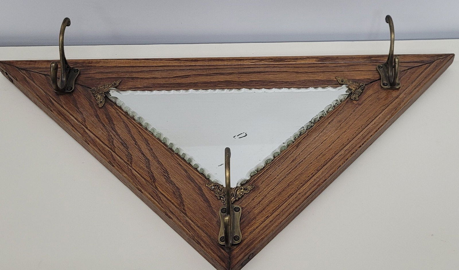 Antique Wood Triangle Wall Mirror and Hat Coat Rack Hanging 3 hook display rustic western: Title: Antique Wood Triangle Wall Mirror and Hat Coat Rack Hanging 3 hook display rustic western Description: Antique Wood Triangle Wall Mirror and Hat Coat Rack Hanging 3 hook display rustic western