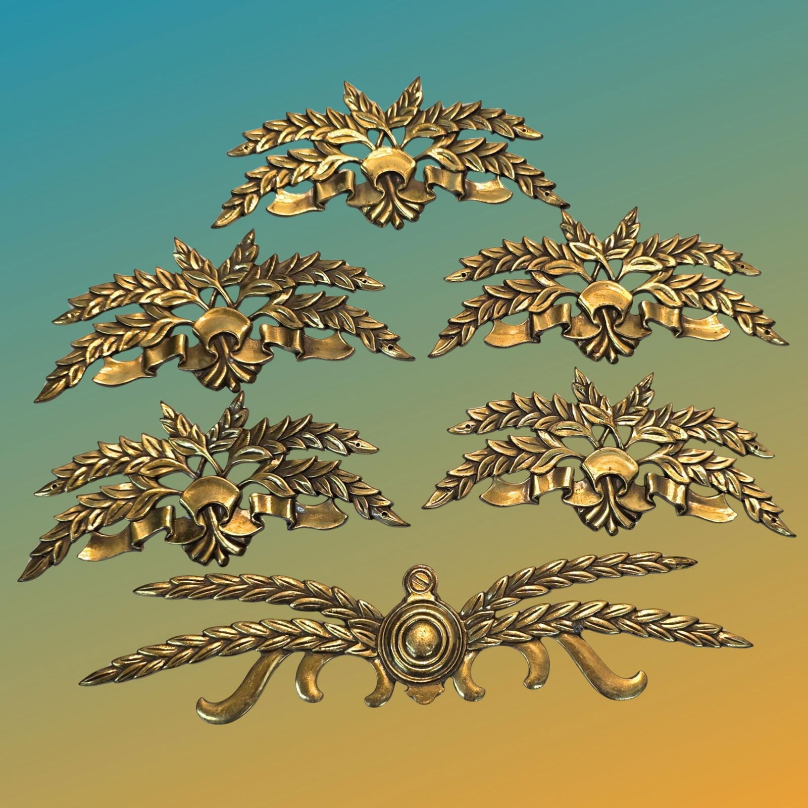 Vintage French Brass appliques Neoclassical Hardware Drawer Pulls Rococo Medallion Home Decor: Title: Vintage French Brass appliques Neoclassical Hardware Drawer Pulls Rococo Medallion Home Decor Napoleonic Laurel Leaves Motif DIY upcycle Description: Vintage French Brass appliques