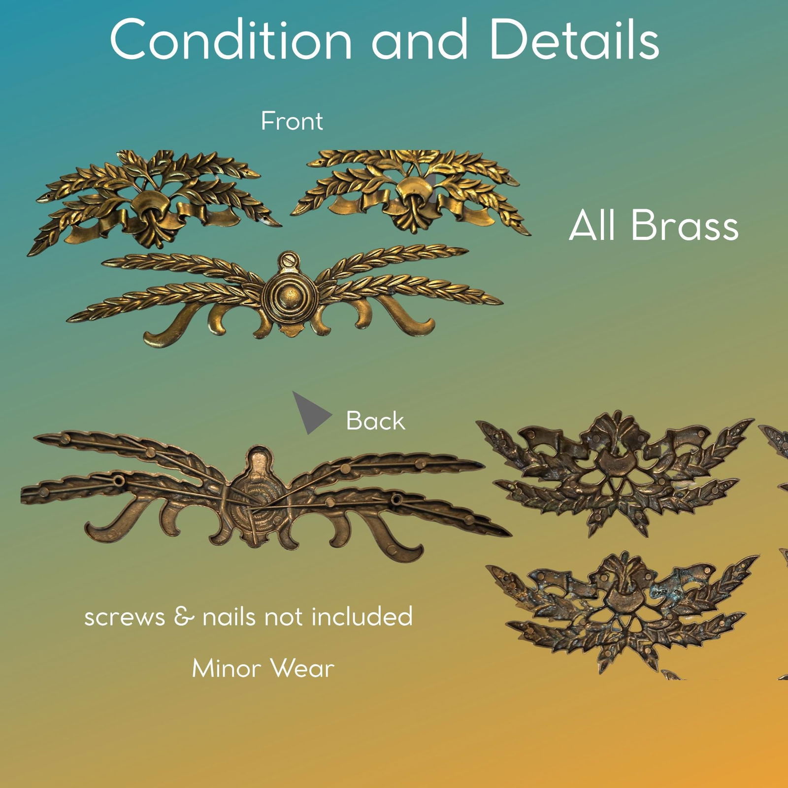 Vintage French Brass appliques Neoclassical Hardware Drawer Pulls Rococo Medallion Home Decor - 4