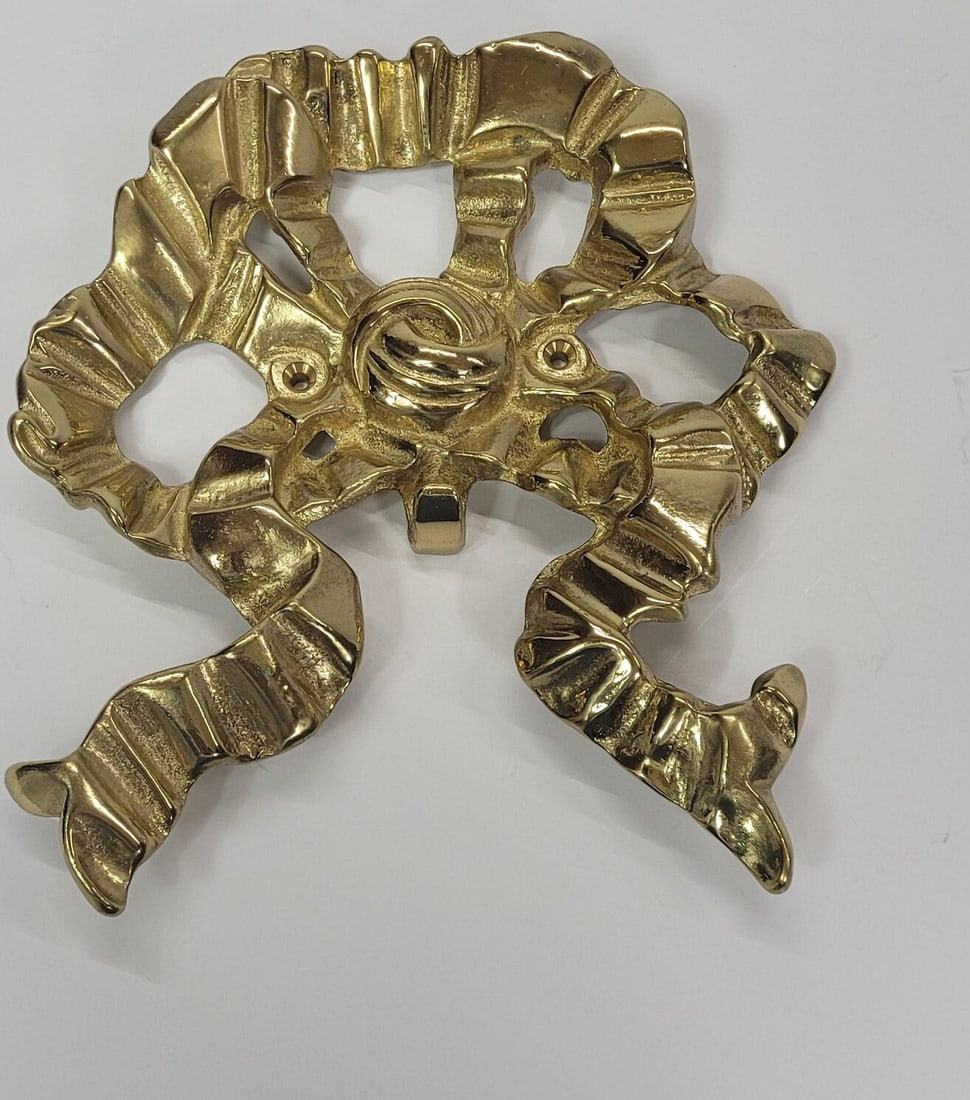 Vintage Brass Wall Medallion Neoclassical decorative Bow Garden Plaque Hardware pediment (1 of 5)