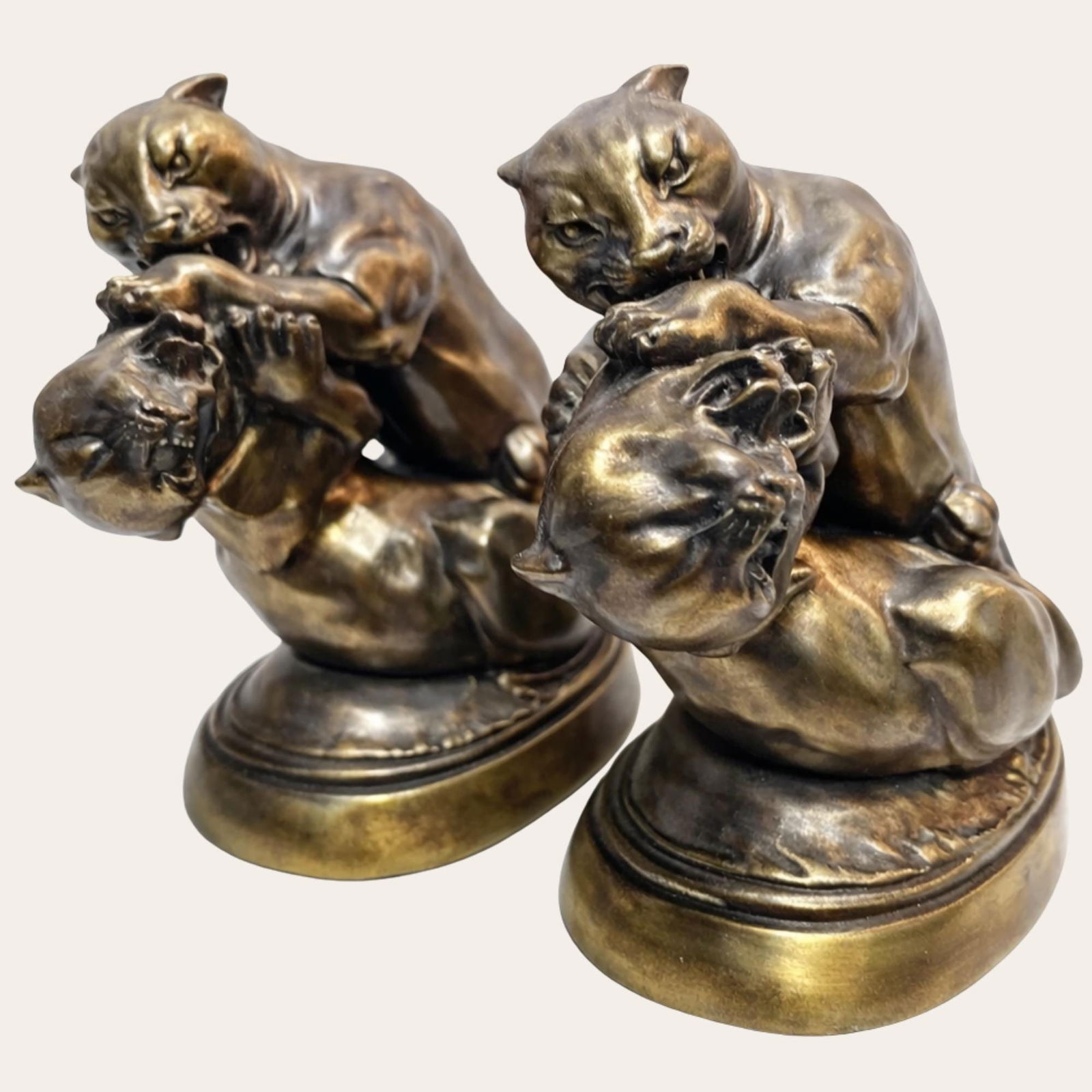 Art Deco Bookends Pair Vintage Fighting Big Cats Heavy Cast Metal 9â€ c1930 K&O (1 of 10)