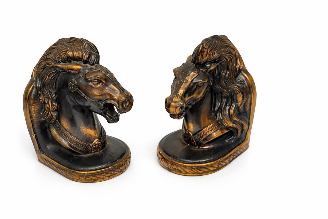 Vintage horse head bookends, bronze finish metal pair, equestrian office decor, 5.5", lodge style (1 of 10)