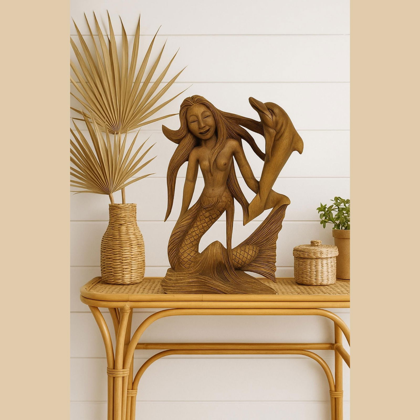 Vintage Mermaid Wood Sculpture Hand-Carved Tropical Coastal Decor Balinese Mermaidcore Sea Goddess - 10