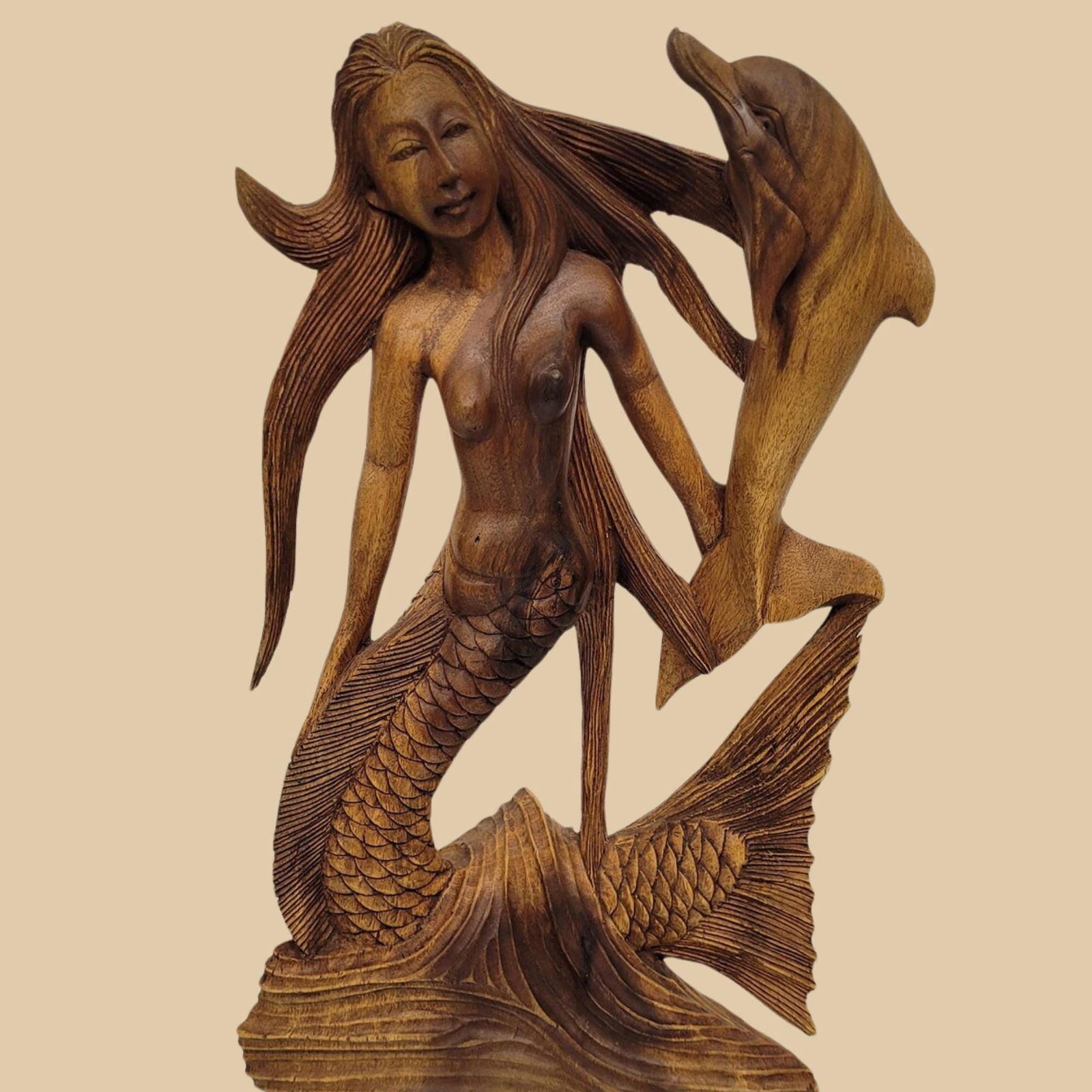 Vintage Mermaid Wood Sculpture Hand-Carved Tropical Coastal Decor Balinese Mermaidcore Sea Goddess: Title: Vintage Mermaid Wood Sculpture Hand-Carved Tropical Coastal Decor Balinese Mermaidcore Sea Goddess Statue Description: Vintage Mermaid Wood Sculpture with dolphin is made in Bali by a master