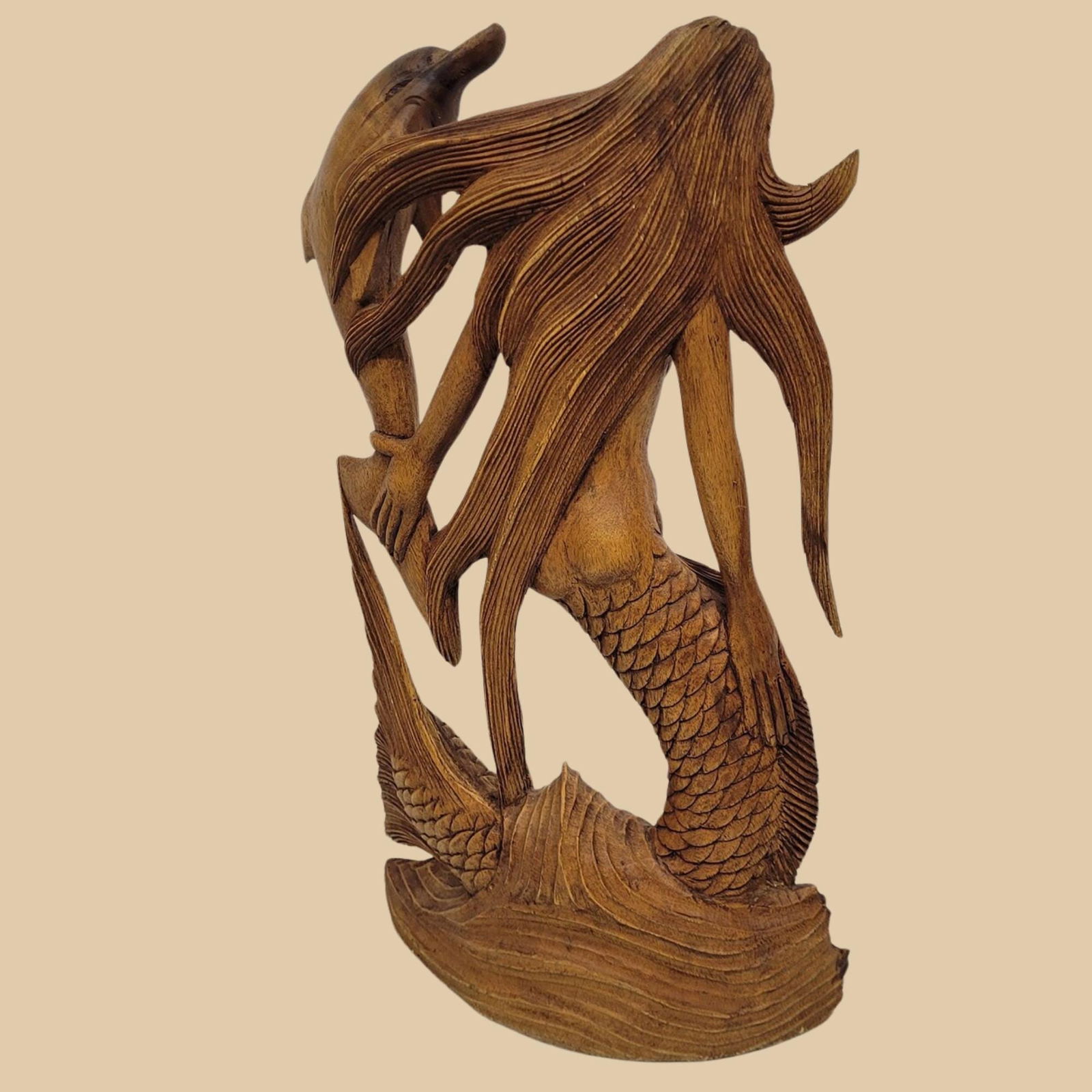 Vintage Mermaid Wood Sculpture Hand-Carved Tropical Coastal Decor Balinese Mermaidcore Sea Goddess - 2