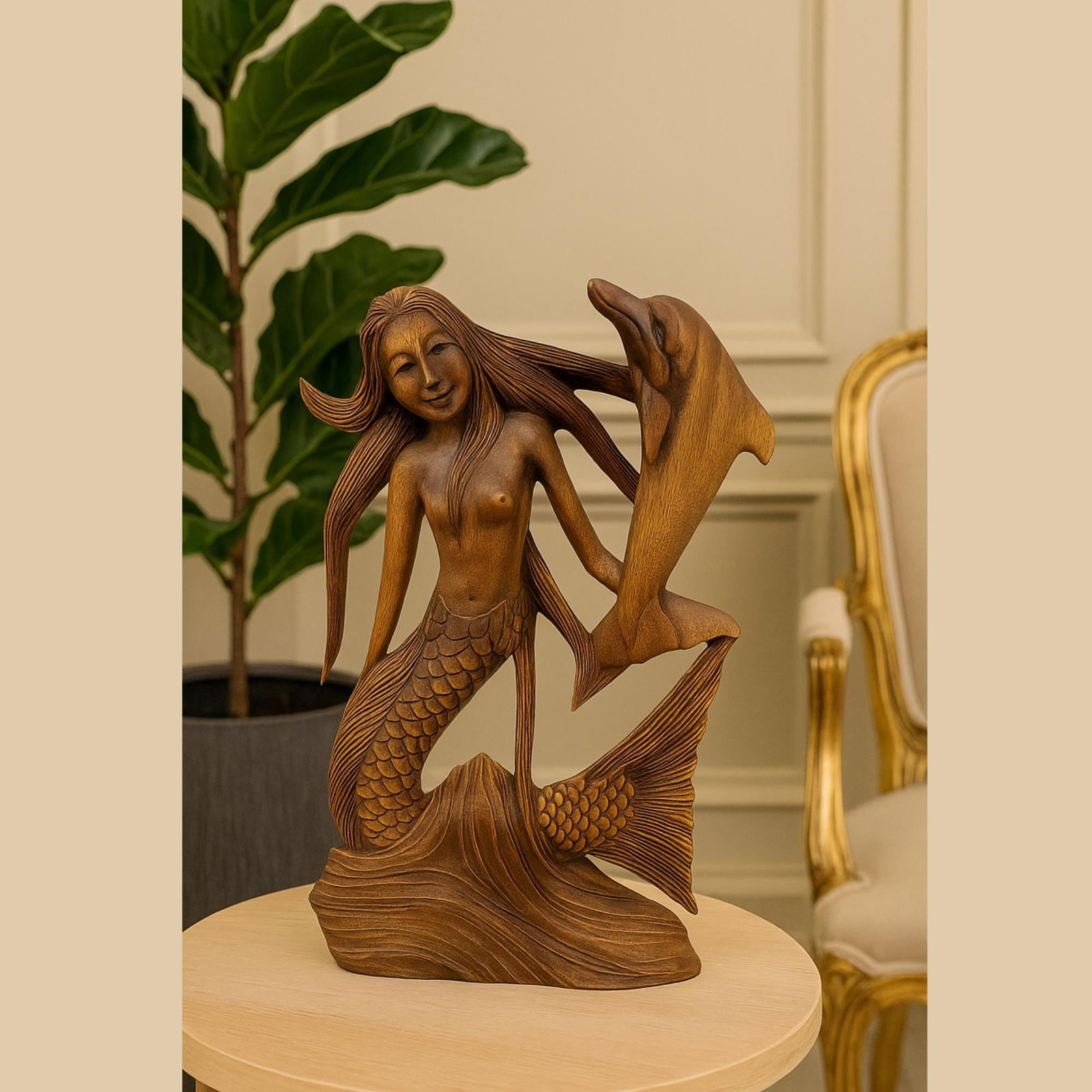 Vintage Mermaid Wood Sculpture Hand-Carved Tropical Coastal Decor Balinese Mermaidcore Sea Goddess - 3