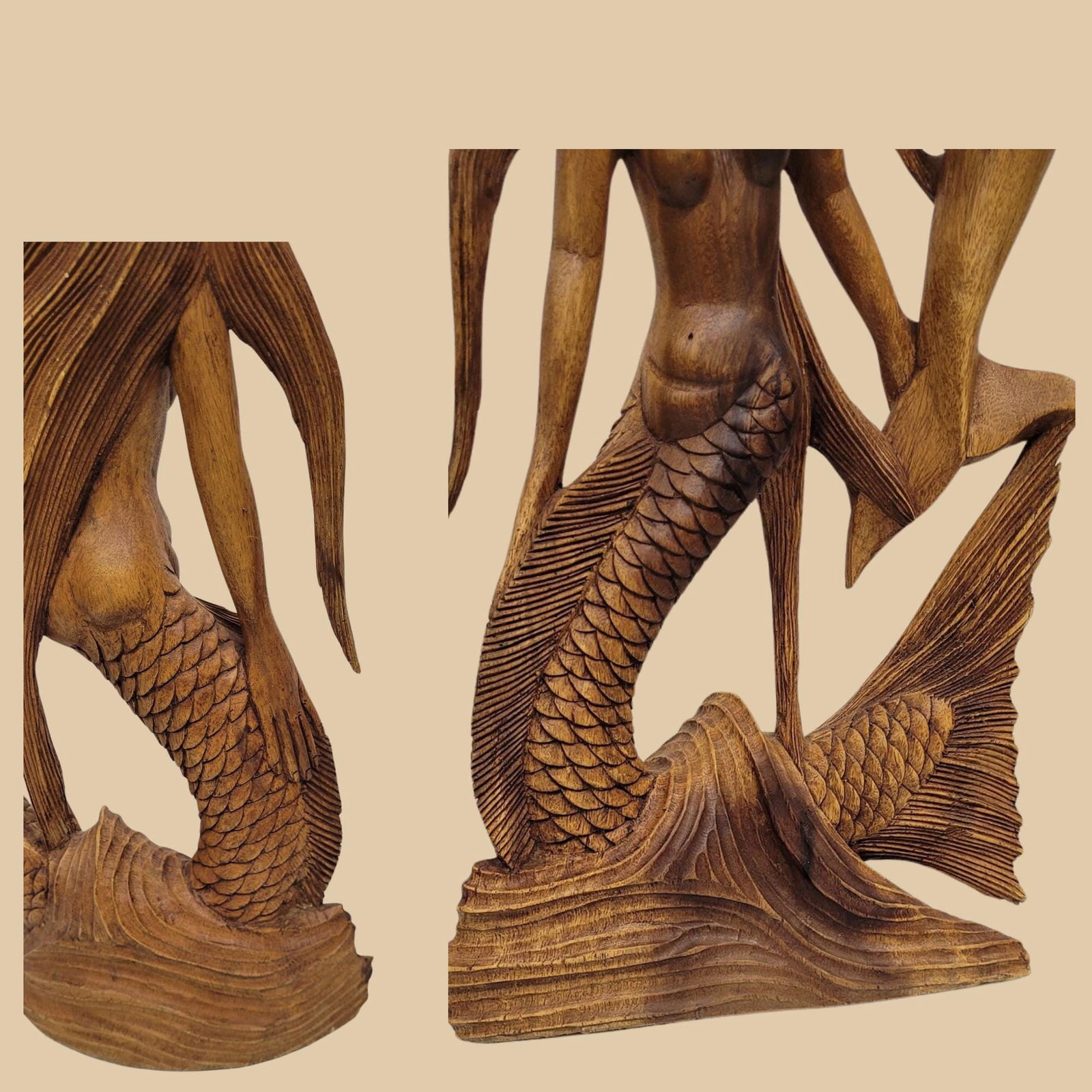 Vintage Mermaid Wood Sculpture Hand-Carved Tropical Coastal Decor Balinese Mermaidcore Sea Goddess - 4