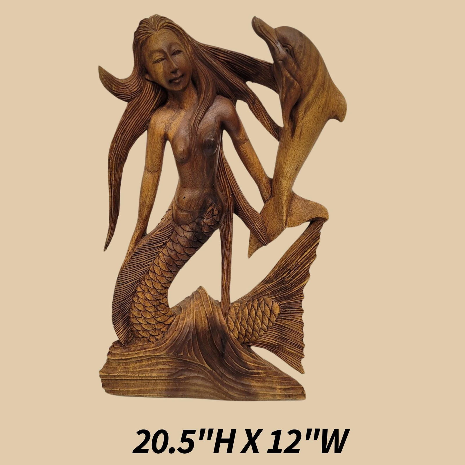 Vintage Mermaid Wood Sculpture Hand-Carved Tropical Coastal Decor Balinese Mermaidcore Sea Goddess - 5