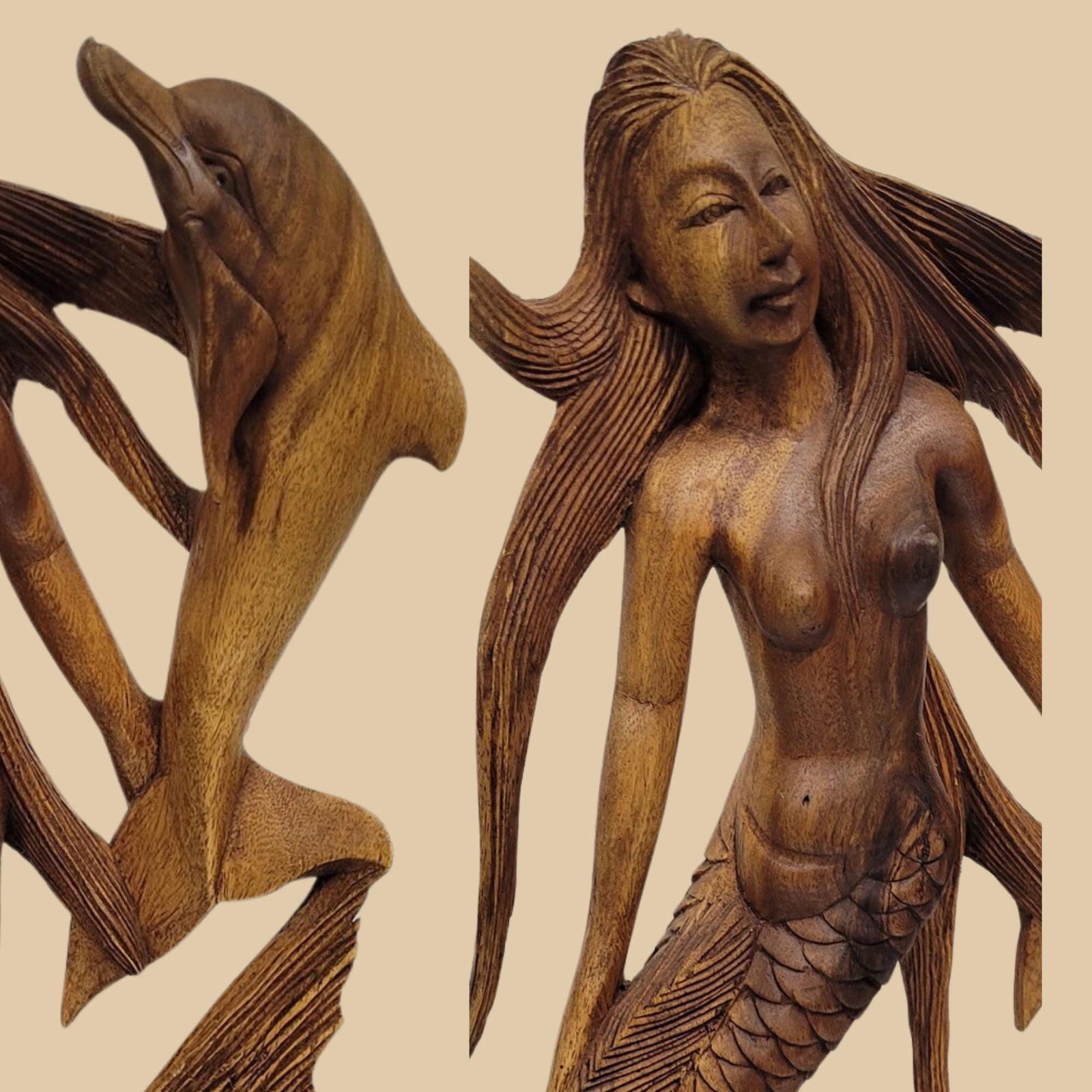 Vintage Mermaid Wood Sculpture Hand-Carved Tropical Coastal Decor Balinese Mermaidcore Sea Goddess - 6