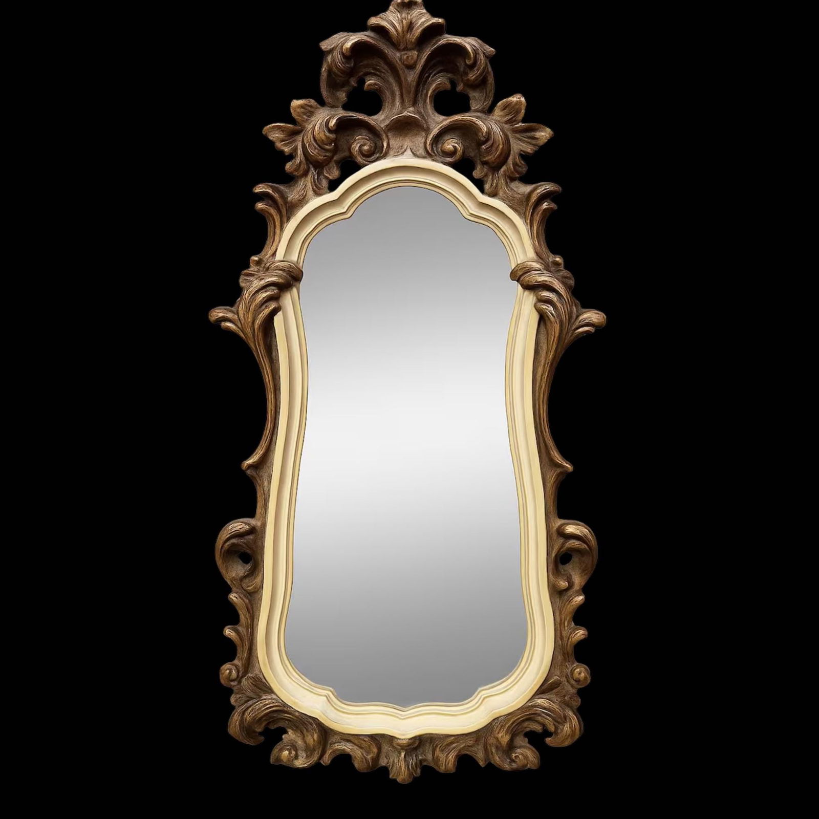 Vintage Rococo Revival Wall Mirror 51" Tall â€“ Ornate Gold & Ivory Gilt Frame,: Title: Vintage Rococo Revival Wall Mirror 51" Tall â€“ Ornate Gold & Ivory Gilt Frame, French Provincial Hollywood Regency Statement Description: Oversized vintage Rococo Revival wall