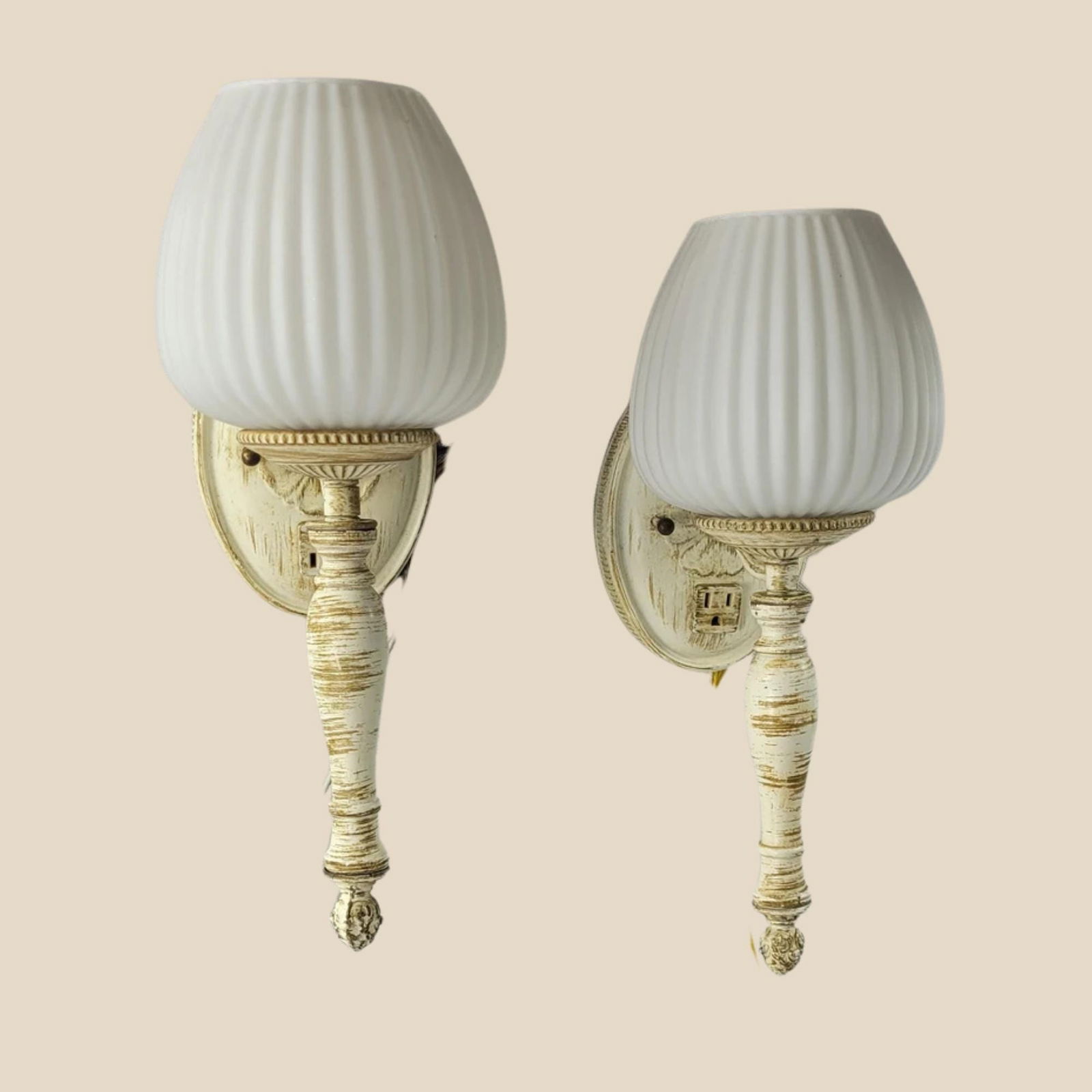 Vintage Hollywood Regency Wall Sconces White Glass Globe Vanity Lights MCM Neoclassical Bathroom (1 of 8)