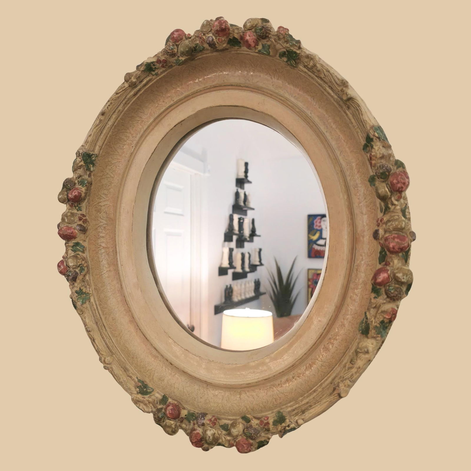 Vintage Oval Wall Mirror: Polychrome Fruit Garland, Tuscan Cottagecore (1 of 8)