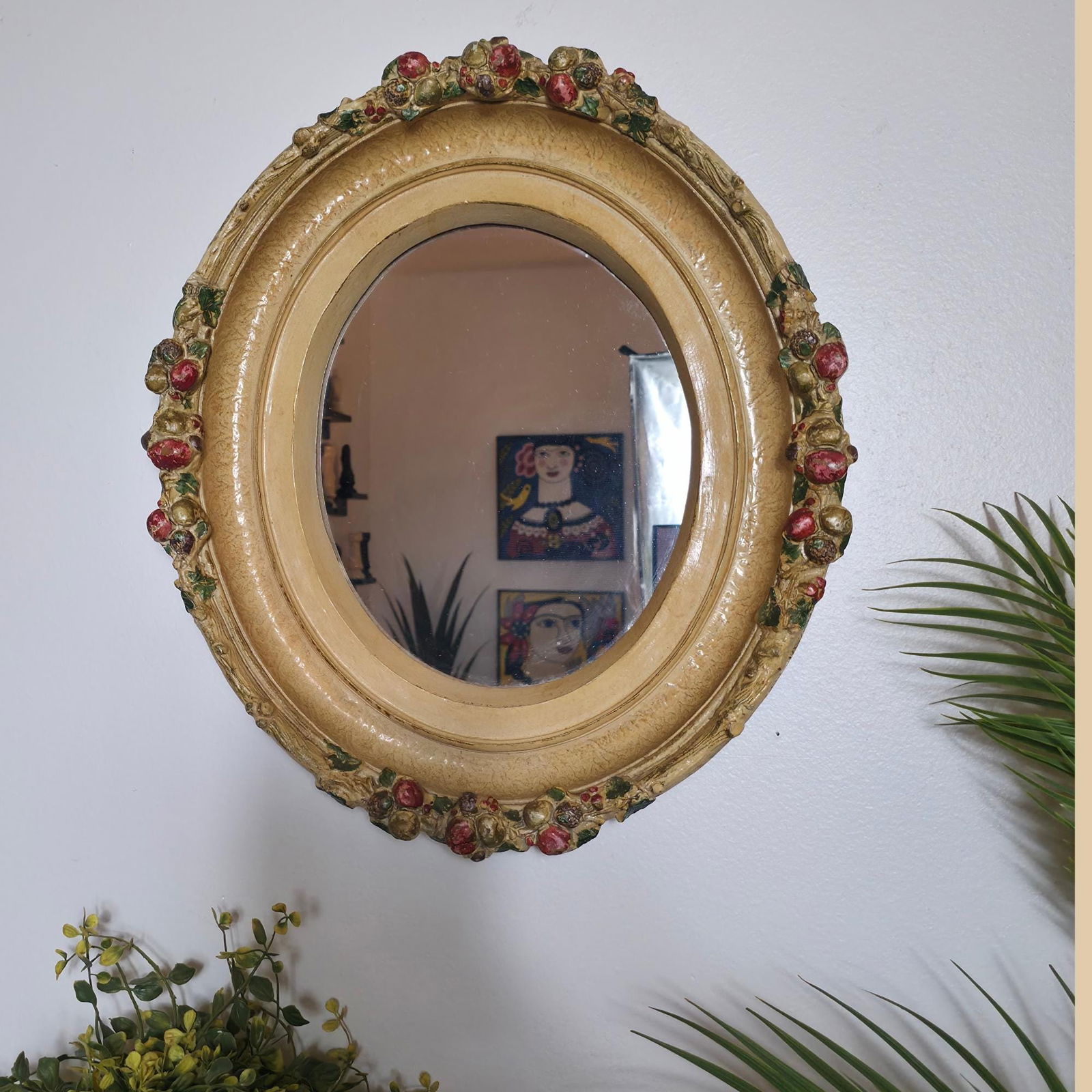 Vintage Oval Wall Mirror: Polychrome Fruit Garland, Tuscan Cottagecore - 2