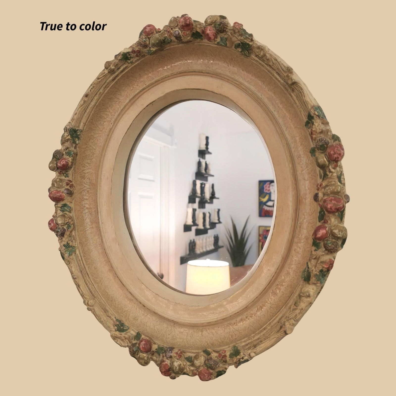 Vintage Oval Wall Mirror: Polychrome Fruit Garland, Tuscan Cottagecore - 4