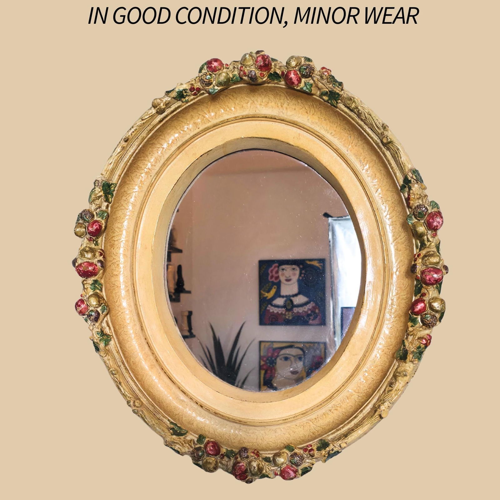 Vintage Oval Wall Mirror: Polychrome Fruit Garland, Tuscan Cottagecore - 5