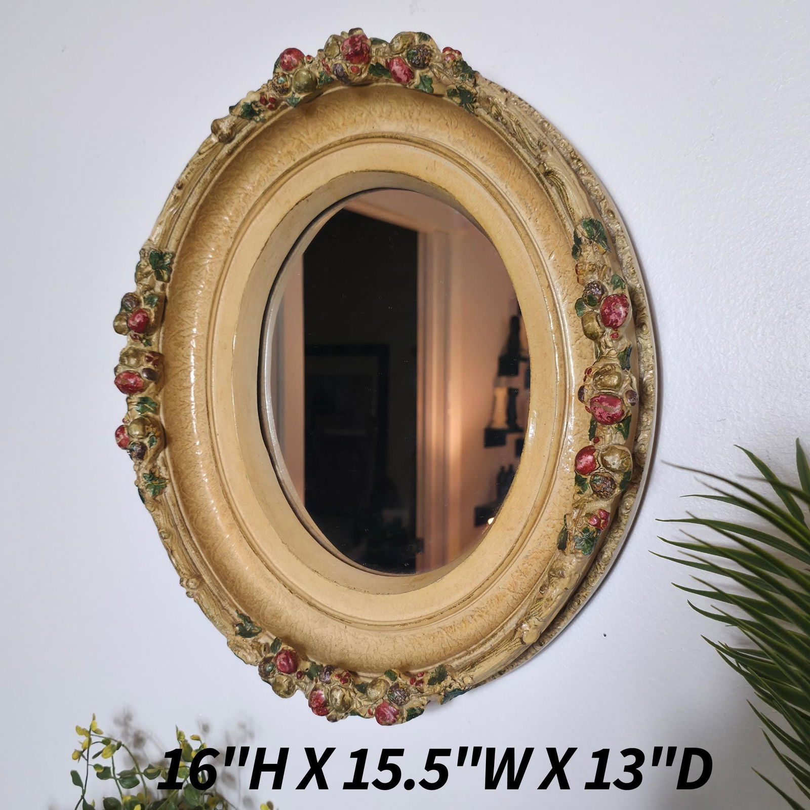 Vintage Oval Wall Mirror: Polychrome Fruit Garland, Tuscan Cottagecore - 7