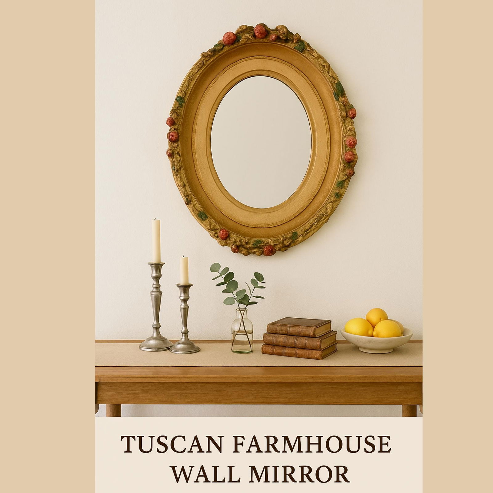 Vintage Oval Wall Mirror: Polychrome Fruit Garland, Tuscan Cottagecore - 8