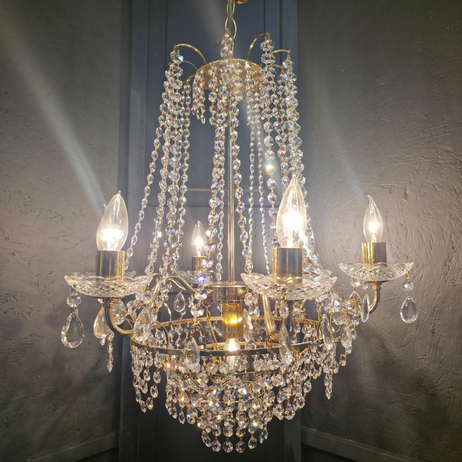 Vintage Brass Crystal Wedding Cake Chandelier 5-Light Waterfall Style Hanging Hollywood Regency (1 of 10)