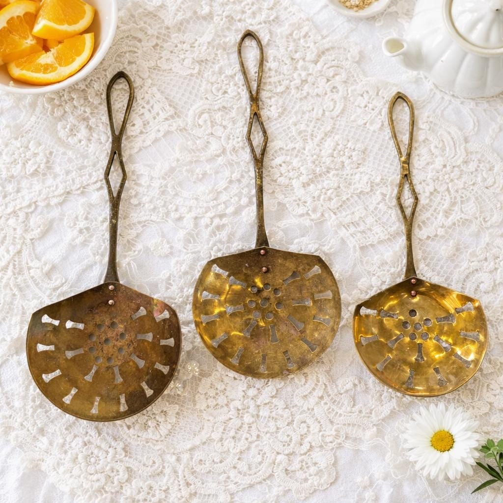 Vintage brass pierced skimmers set of three, long handled French country kitchen wall decor - 2